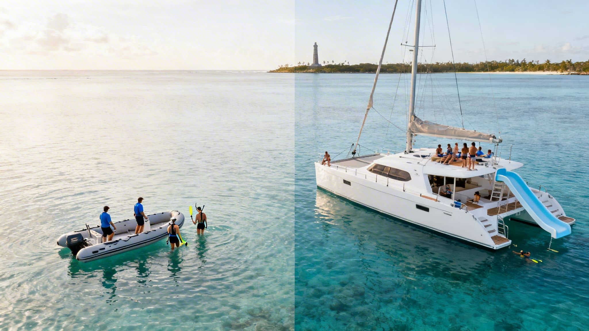 Friends snorkel and relax on a large catamaran with a slide and a dinghy in clear blue water.