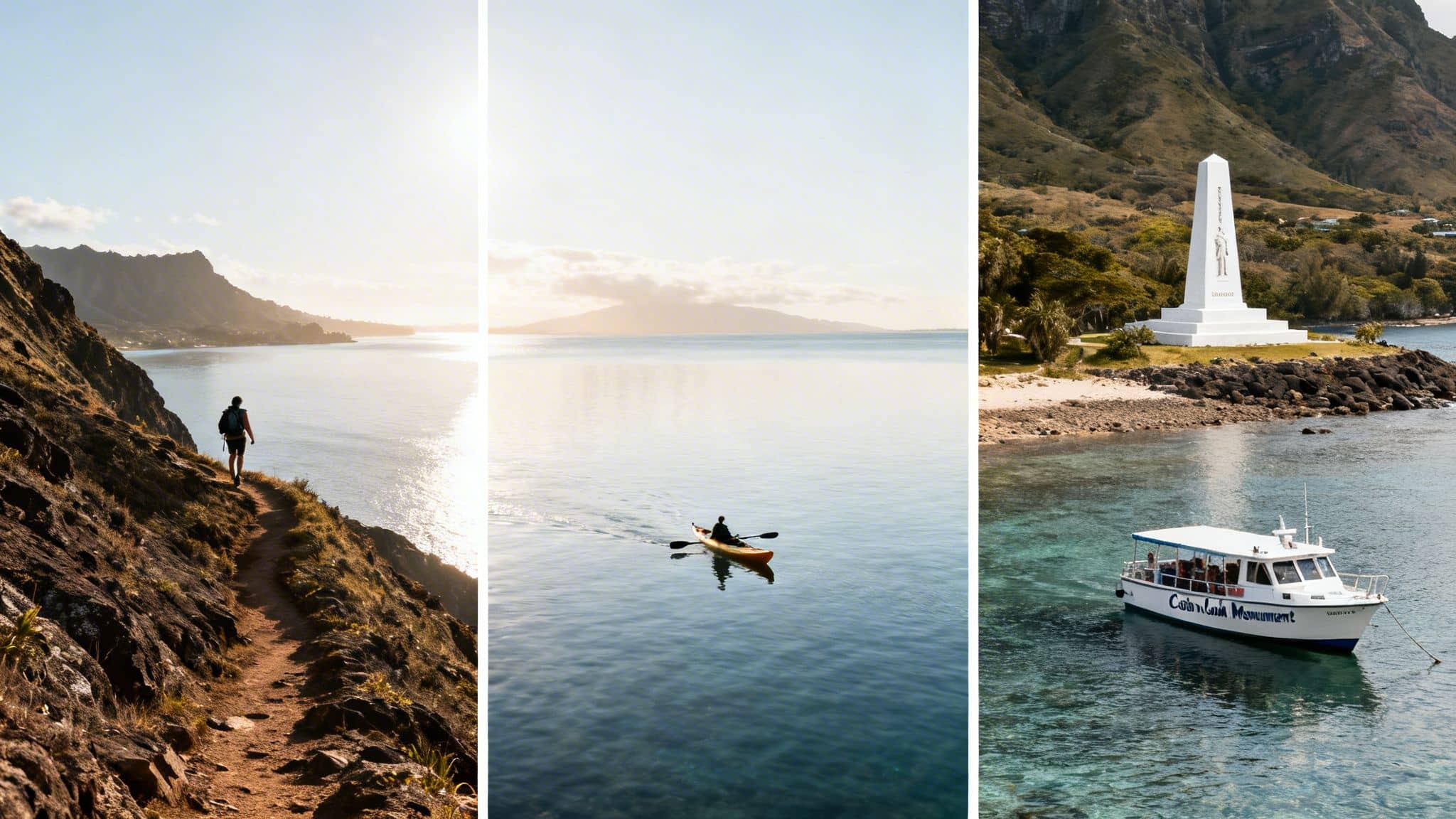 Three panels show a person hiking a coastal trail, a person kayaking, and a monument by the sea.