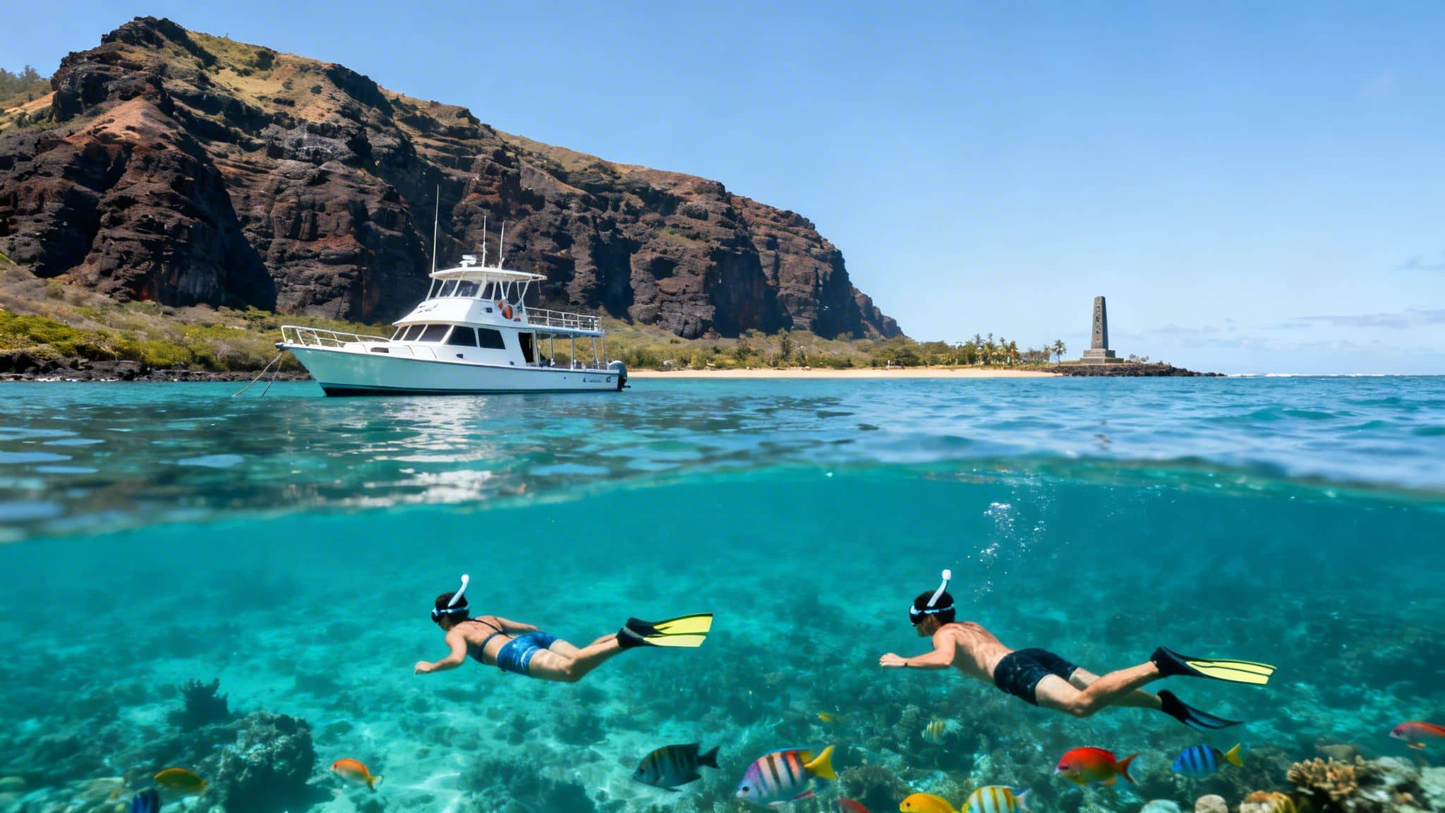 Over-under shot of two people snorkeling in clear blue water with a boat and tropical coastline.