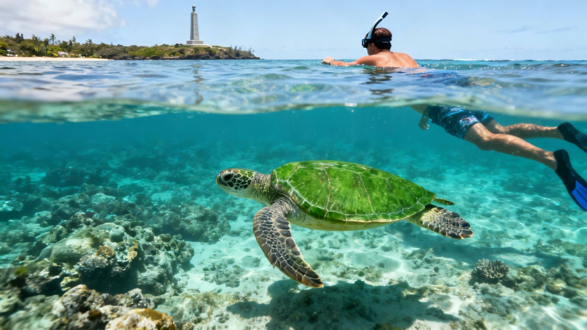 Snorkelers exploring the clear waters near the Captain Cook monument, with the boat anchored nearby.