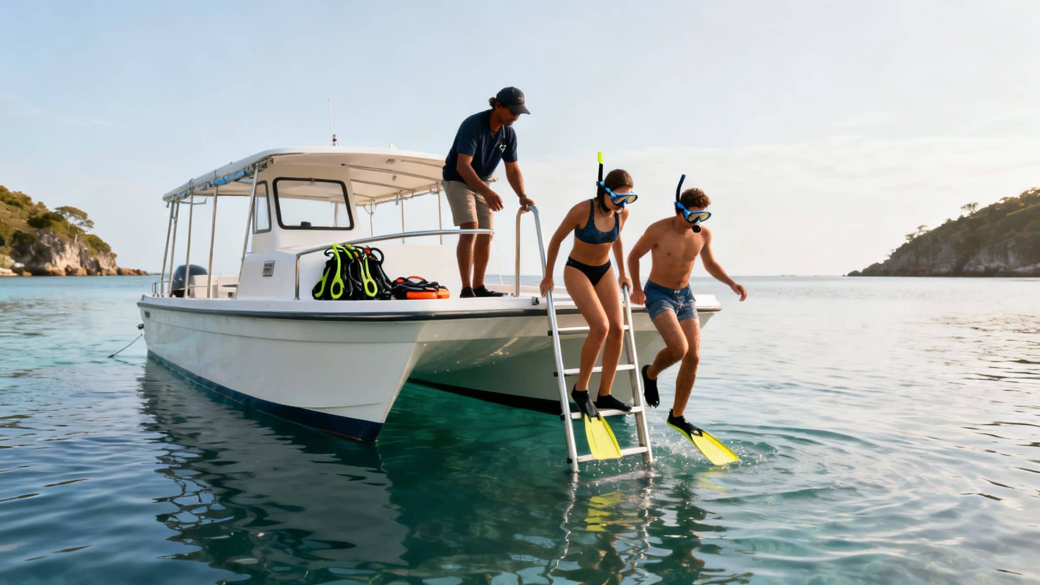 A boat captain watches two young people with masks and fins enter clear ocean water.