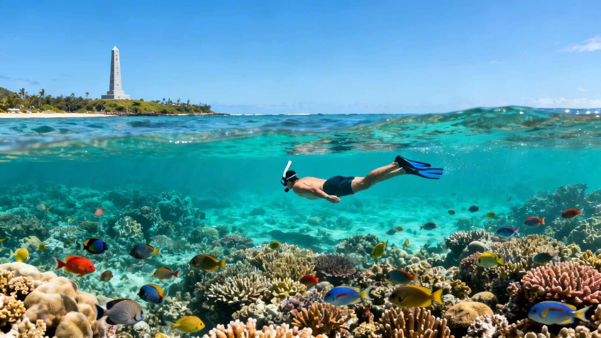 Man snorkeling over a vibrant coral reef with colorful fish near a tropical island with a white monument.