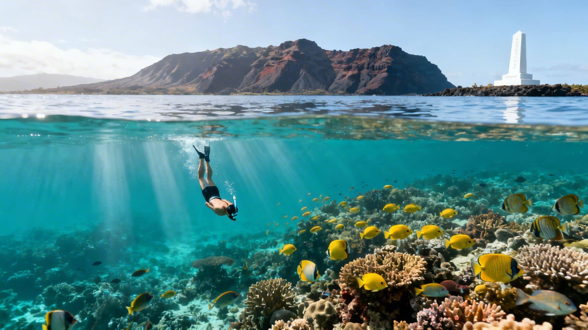 Person snorkeling in clear water above a vibrant coral reef with fish, mountains, and a monument.