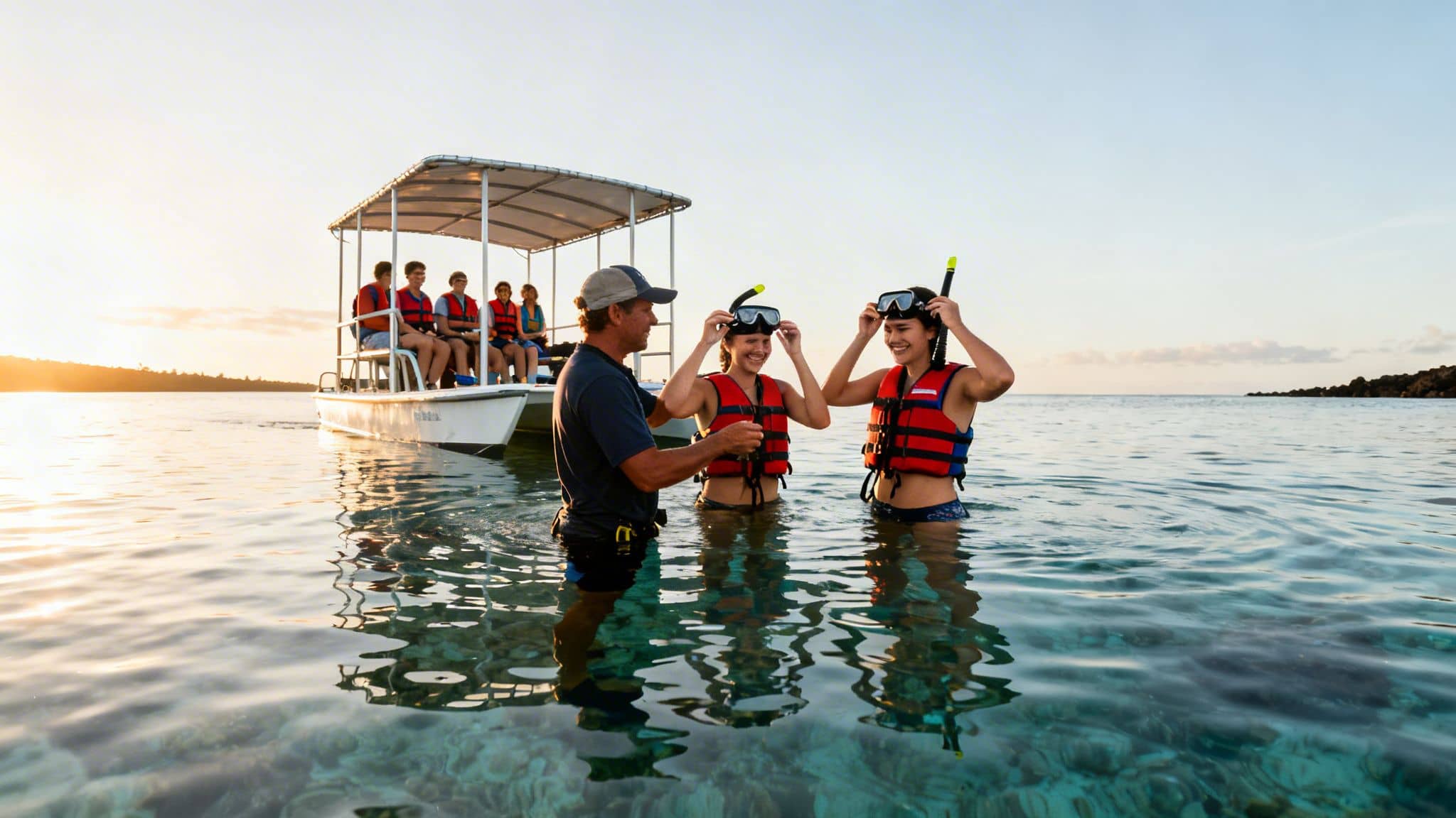 A tour guide helps two smiling girls with snorkeling masks in clear ocean water.