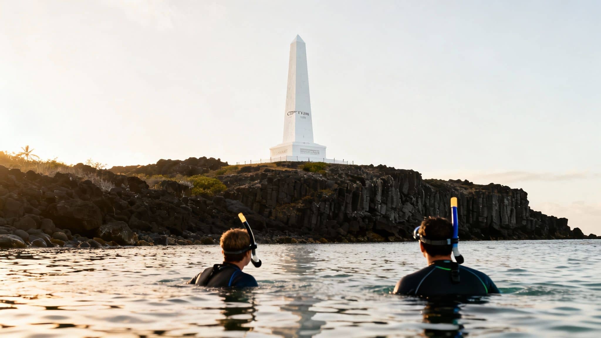 Two snorkelers in the ocean gaze at a white obelisk monument on a rocky island at sunset.