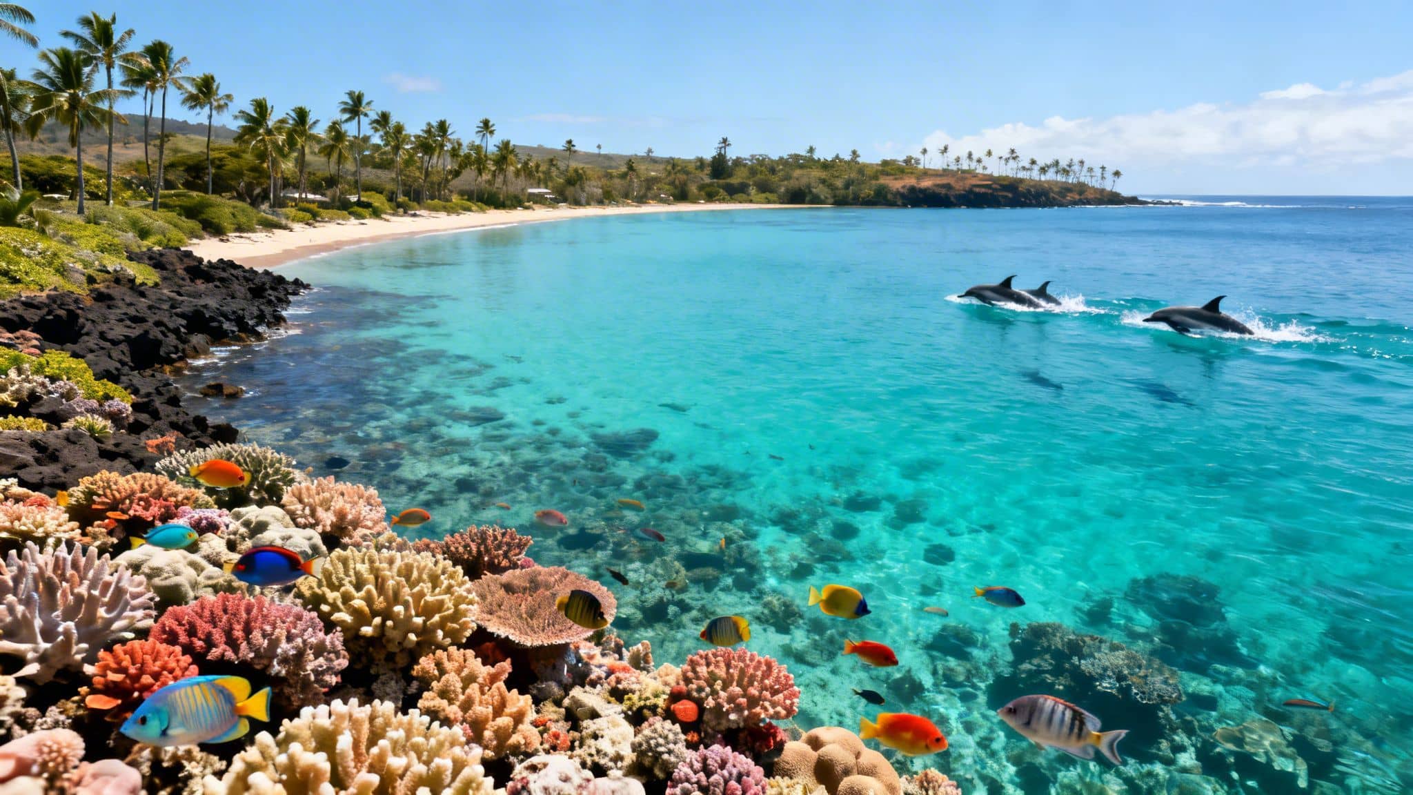 A vibrant tropical scene with a sandy beach, palm trees, colorful coral, fish, and dolphins jumping in clear blue water.