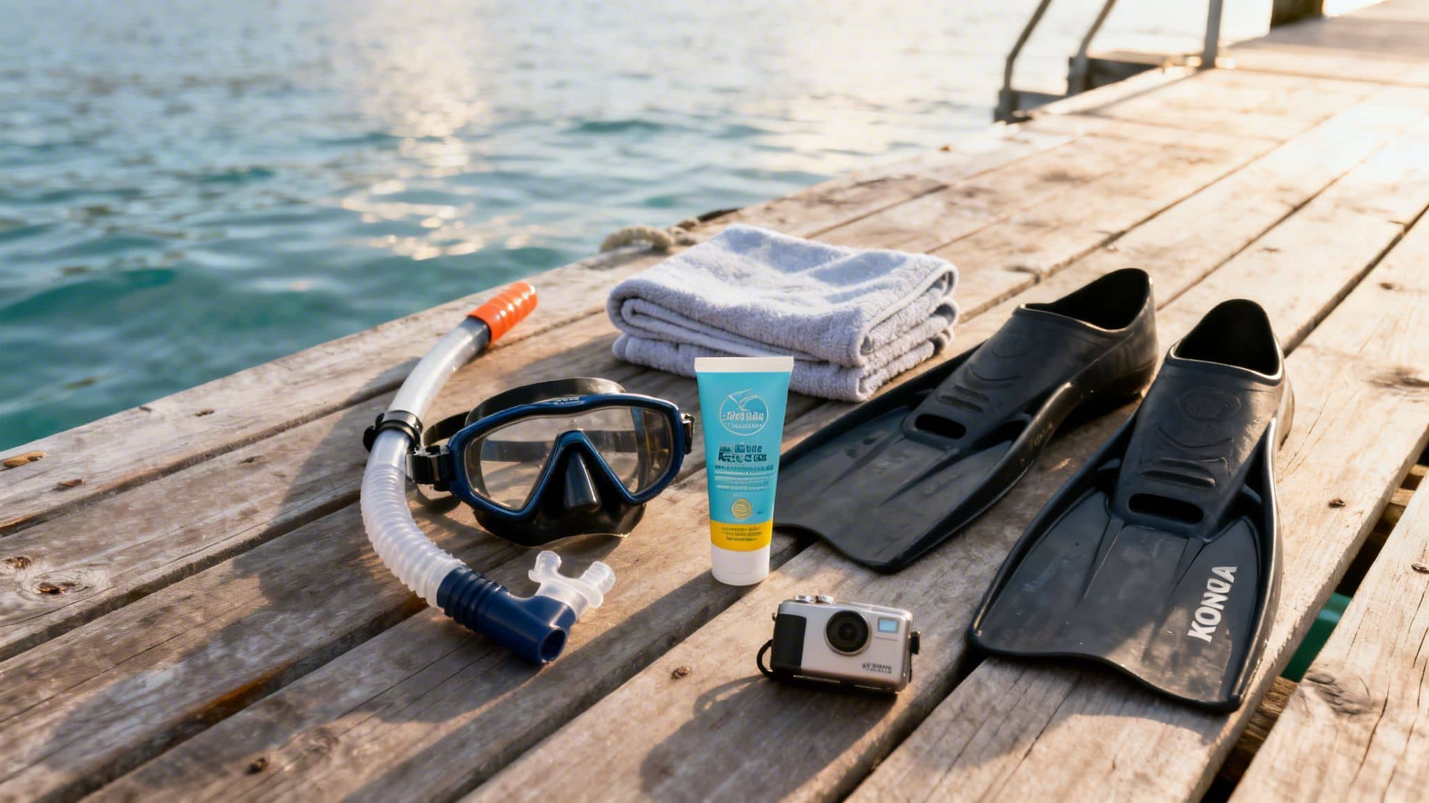 Snorkeling gear, sunscreen, a towel, and an underwater camera are laid on a wooden dock by the ocean.