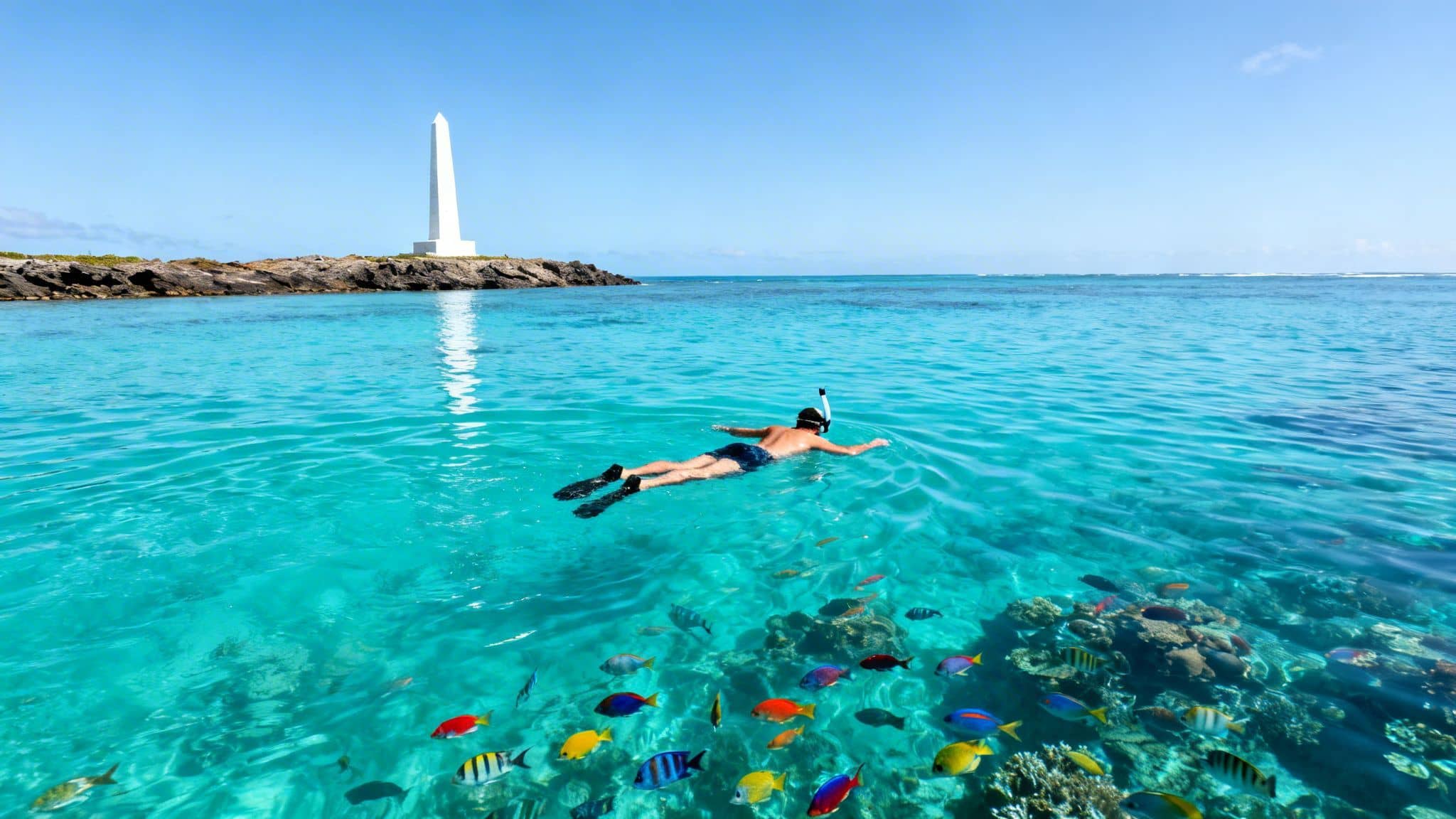 A person snorkeling in clear turquoise water above a coral reef with colorful fish, near a white obelisk.