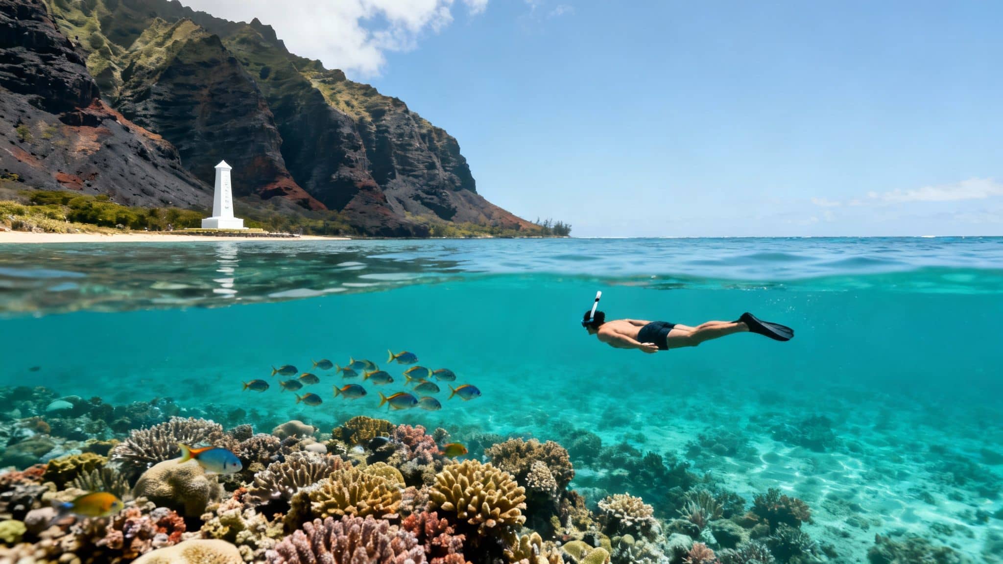 Snorkeler exploring vibrant coral reef with tropical fish near dramatic Hawaiian cliffs and monument