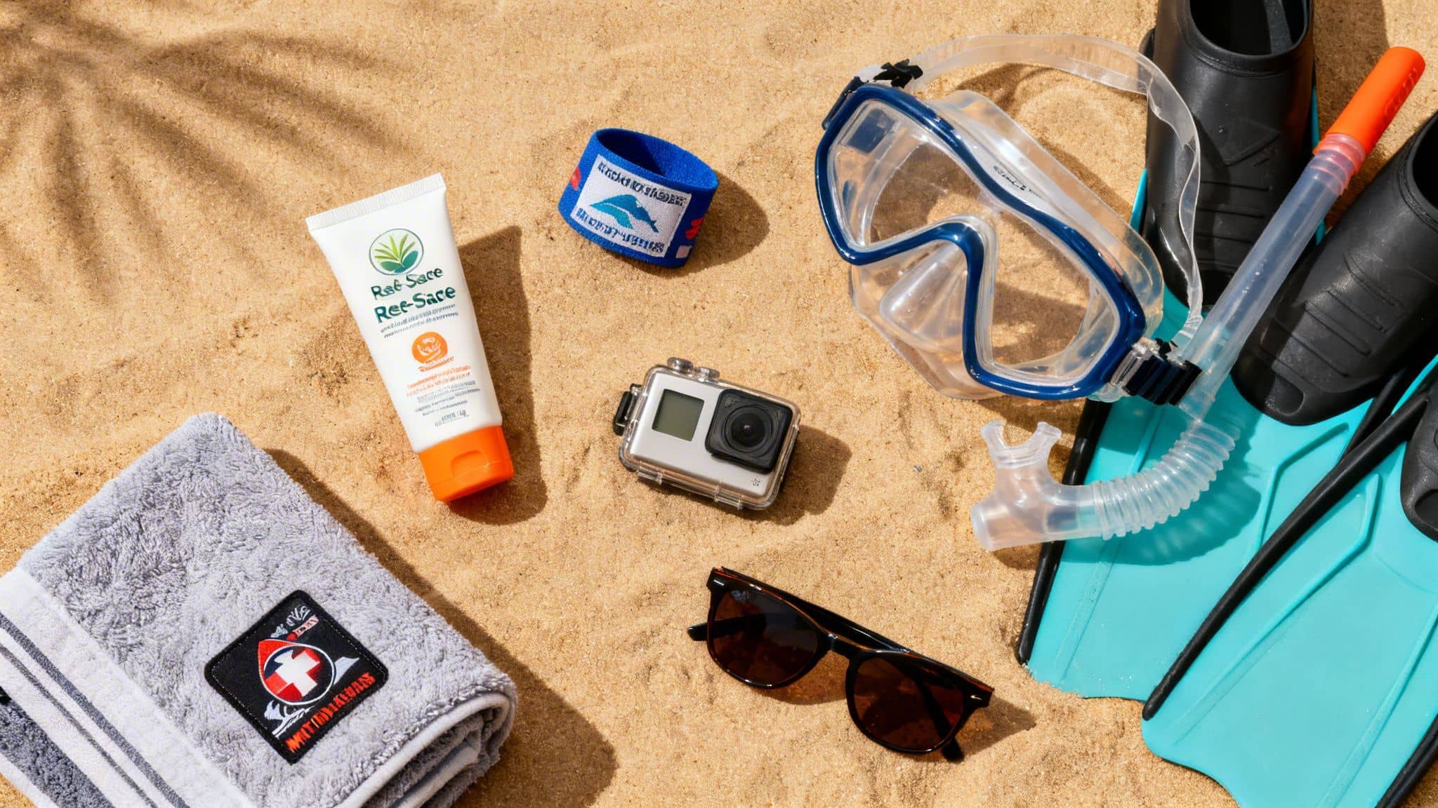 Snorkeling mask, snorkel, fins, GoPro camera, sunscreen, towel, wristband, and sunglasses laid on a sandy beach.