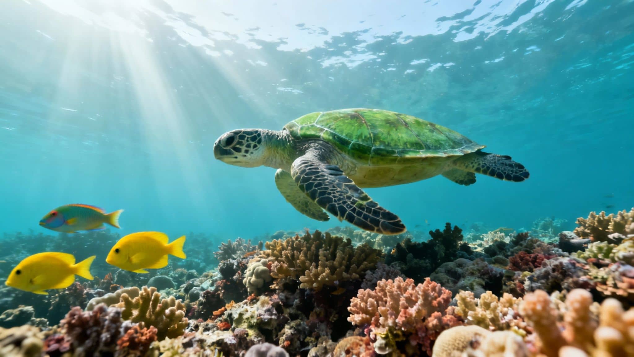 Sea turtle swimming over vibrant coral reef with yellow tropical fish in crystal clear water