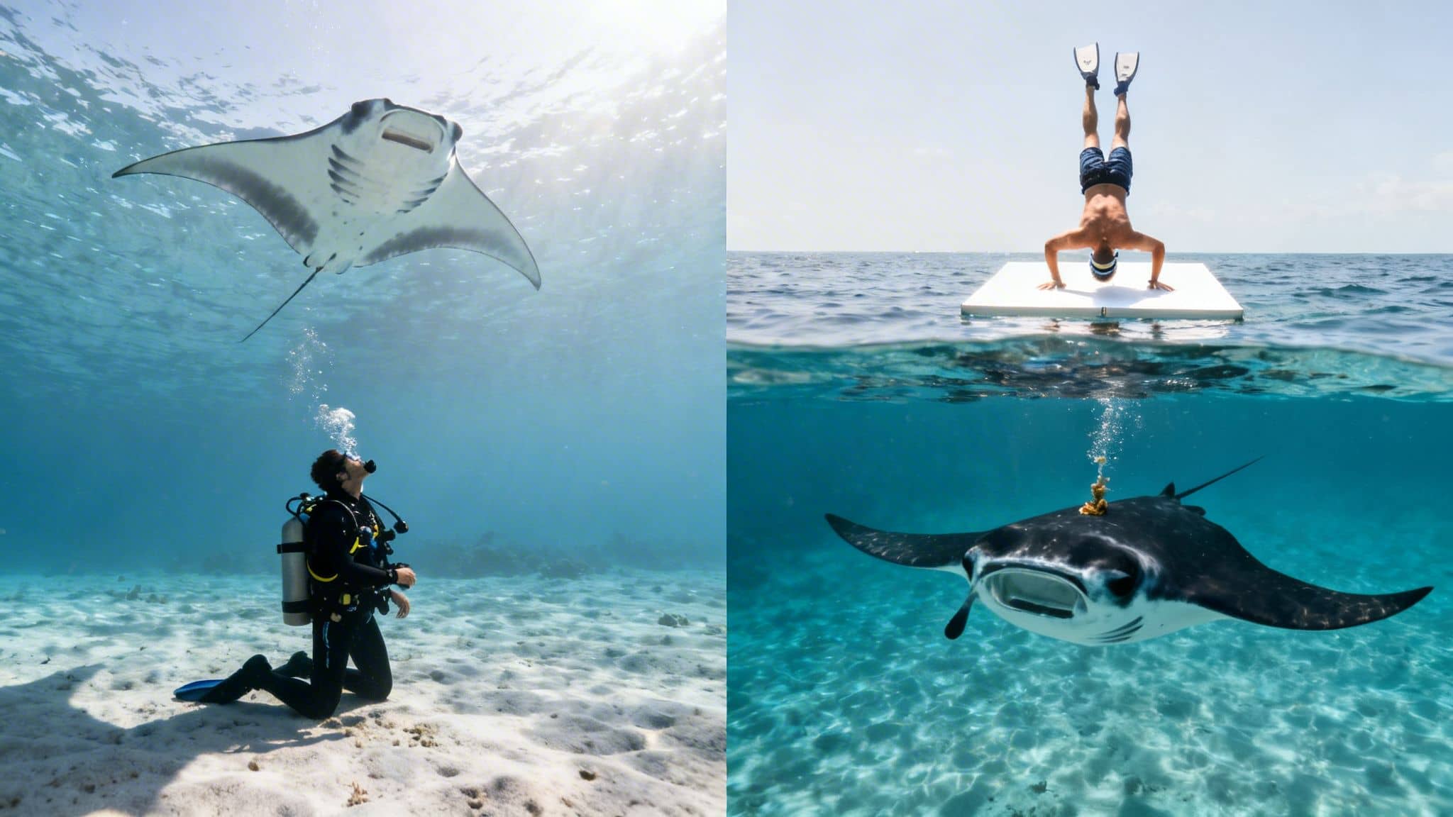 A split image showing a scuba diver observing a manta ray and a man handstanding above another manta ray.