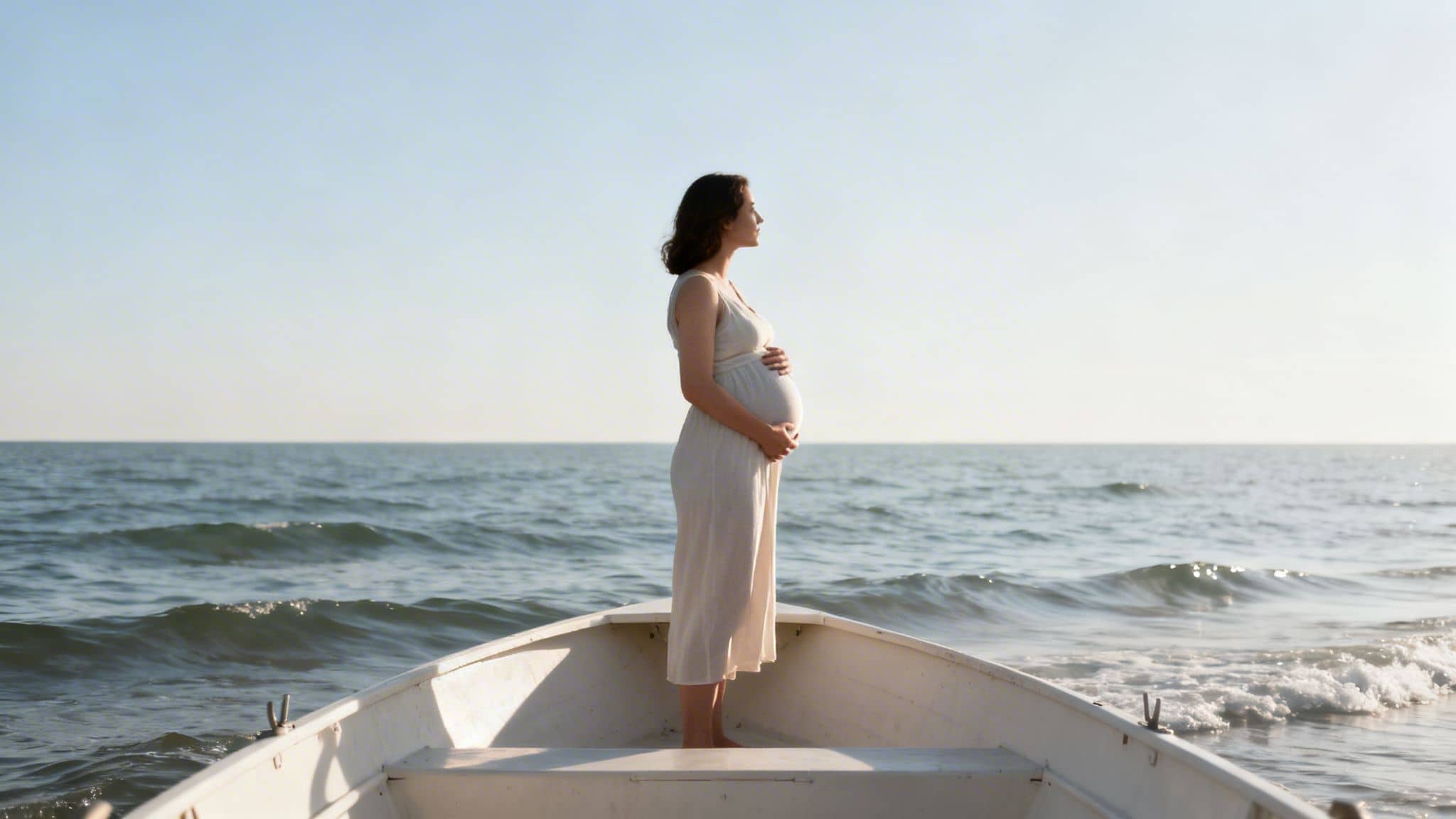 A pregnant woman in a white dress stands barefoot in a small boat, looking out at the calm sea.