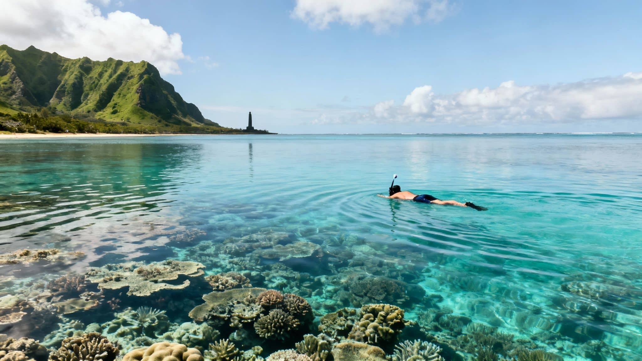 A person snorkels over a vibrant coral reef in clear blue tropical water with a green mountain and a distant monument.