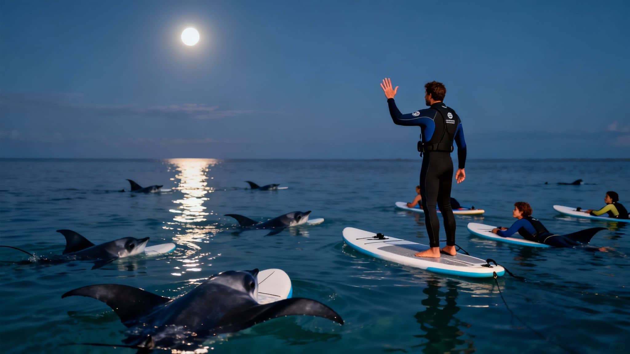 People paddleboarding at night under a bright full moon, surrounded by elegant manta rays in the ocean.