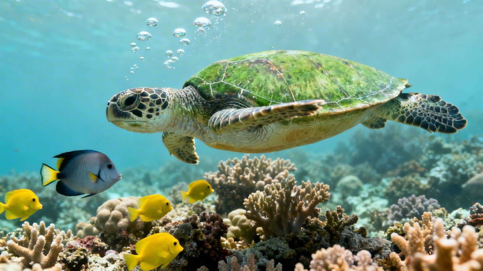 A majestic green sea turtle gracefully swims above a vibrant coral reef alongside colorful fish.
