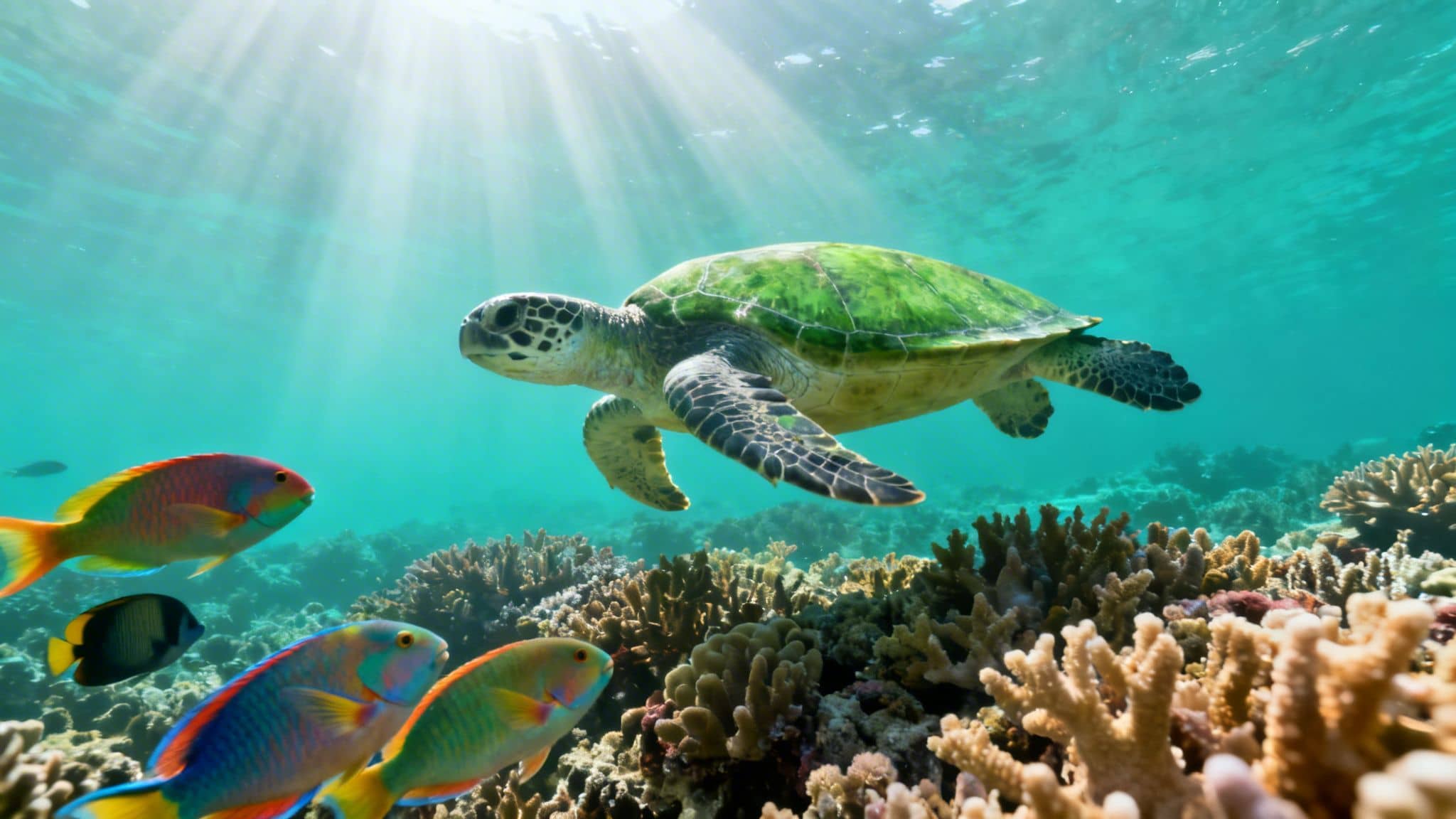A vibrant underwater scene with a green sea turtle swimming above colorful fish and coral reefs.