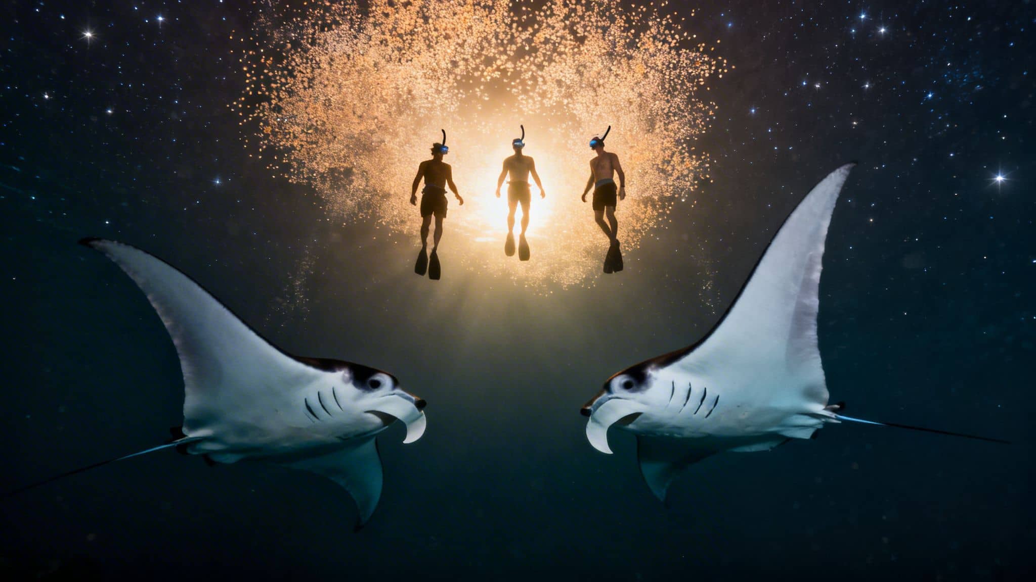 Three snorkelers swim above two majestic manta rays under a star-filled, glowing ocean surface.