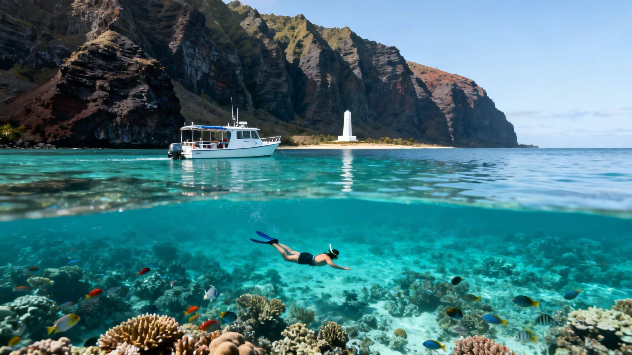 An over-under shot of a boat near a lighthouse and mountains, with a snorkeler and coral reef underwater.