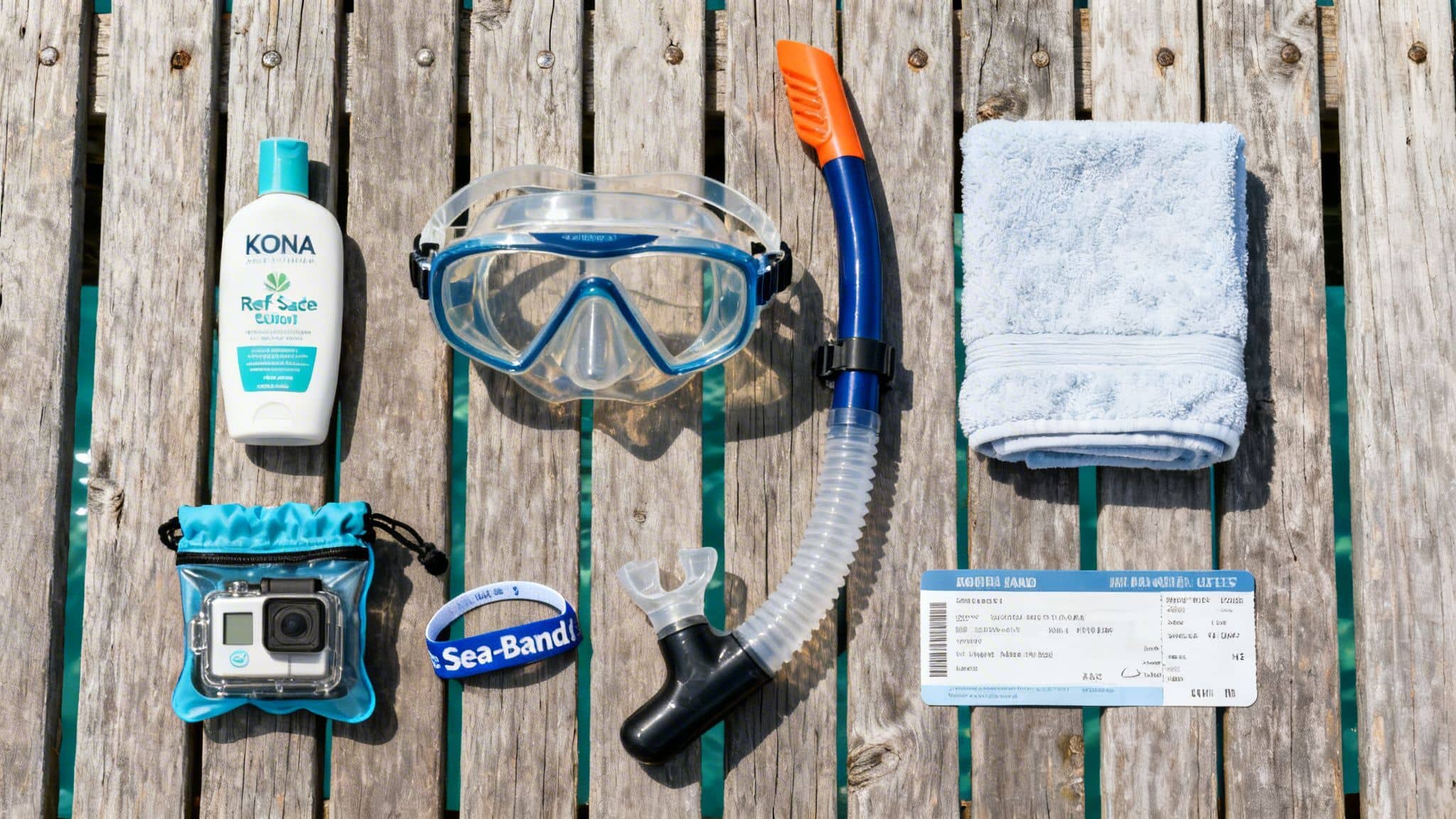 Snorkeling gear and travel essentials laid flat on a wooden pier over tropical water.