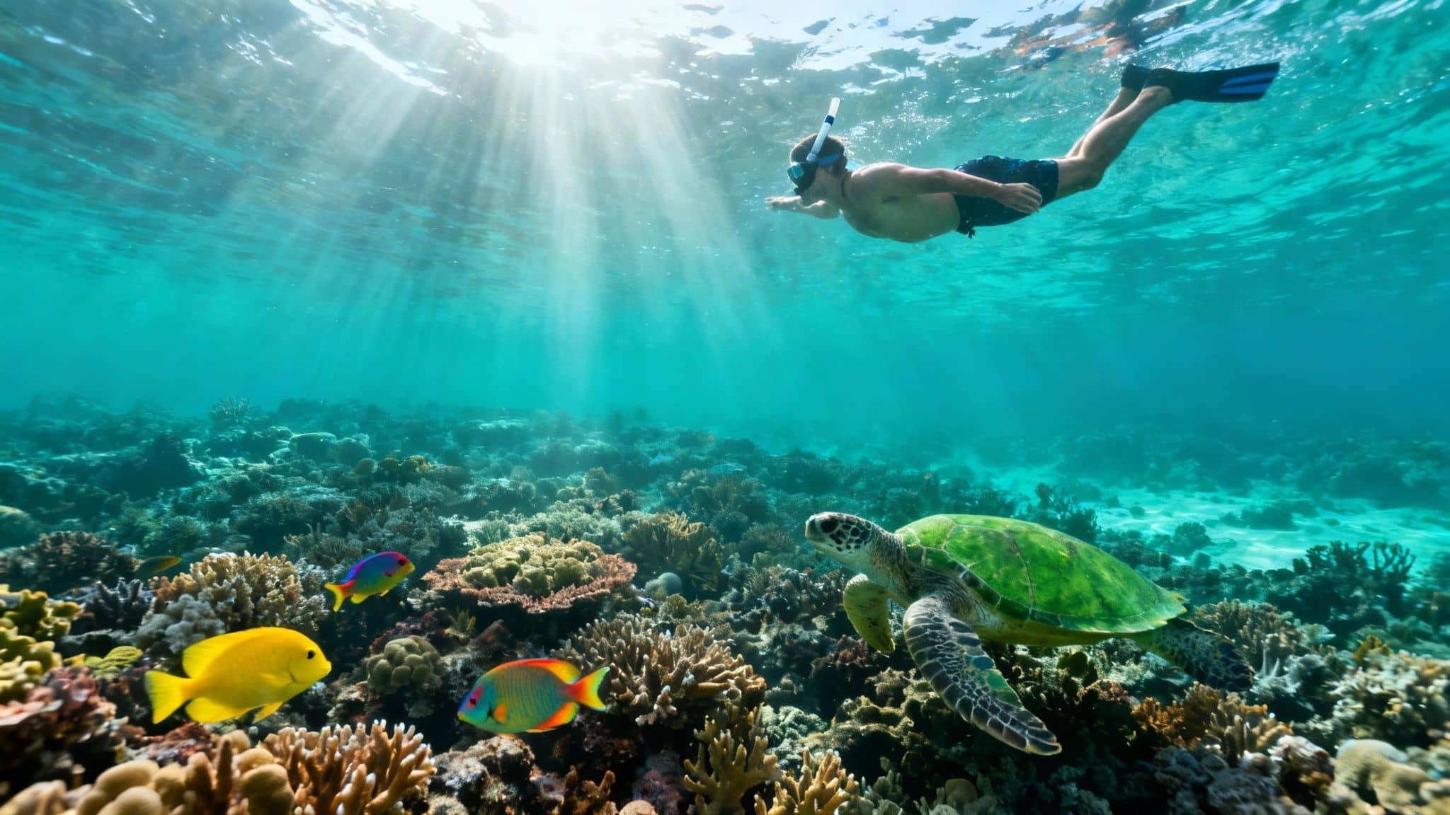 A person snorkeling above a vibrant coral reef, with a sea turtle and colorful fish, bathed in sunbeams.