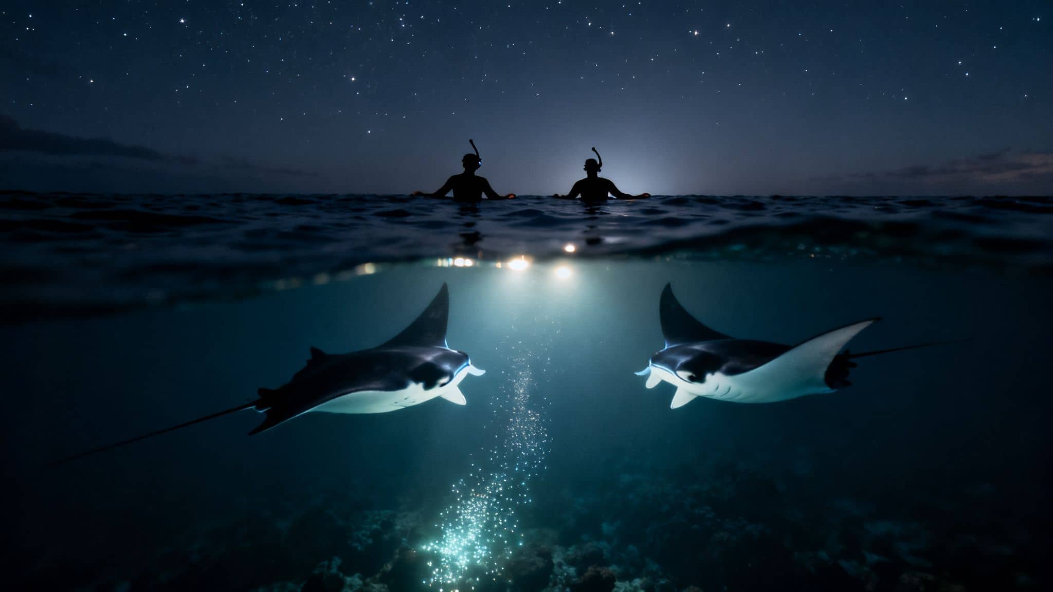 Two snorkelers under a starry night sky observe two manta rays swimming in bioluminescent water.