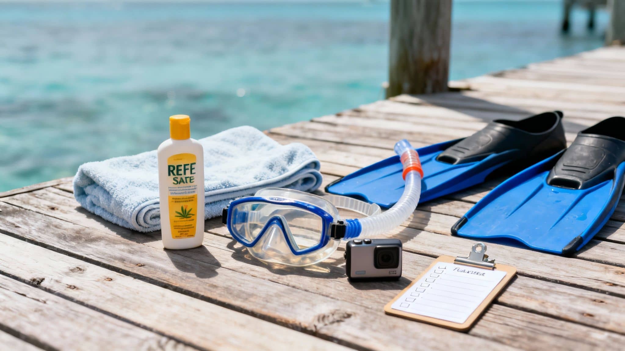 Snorkeling gear, sunscreen, and a checklist on a wooden pier overlooking clear blue water.
