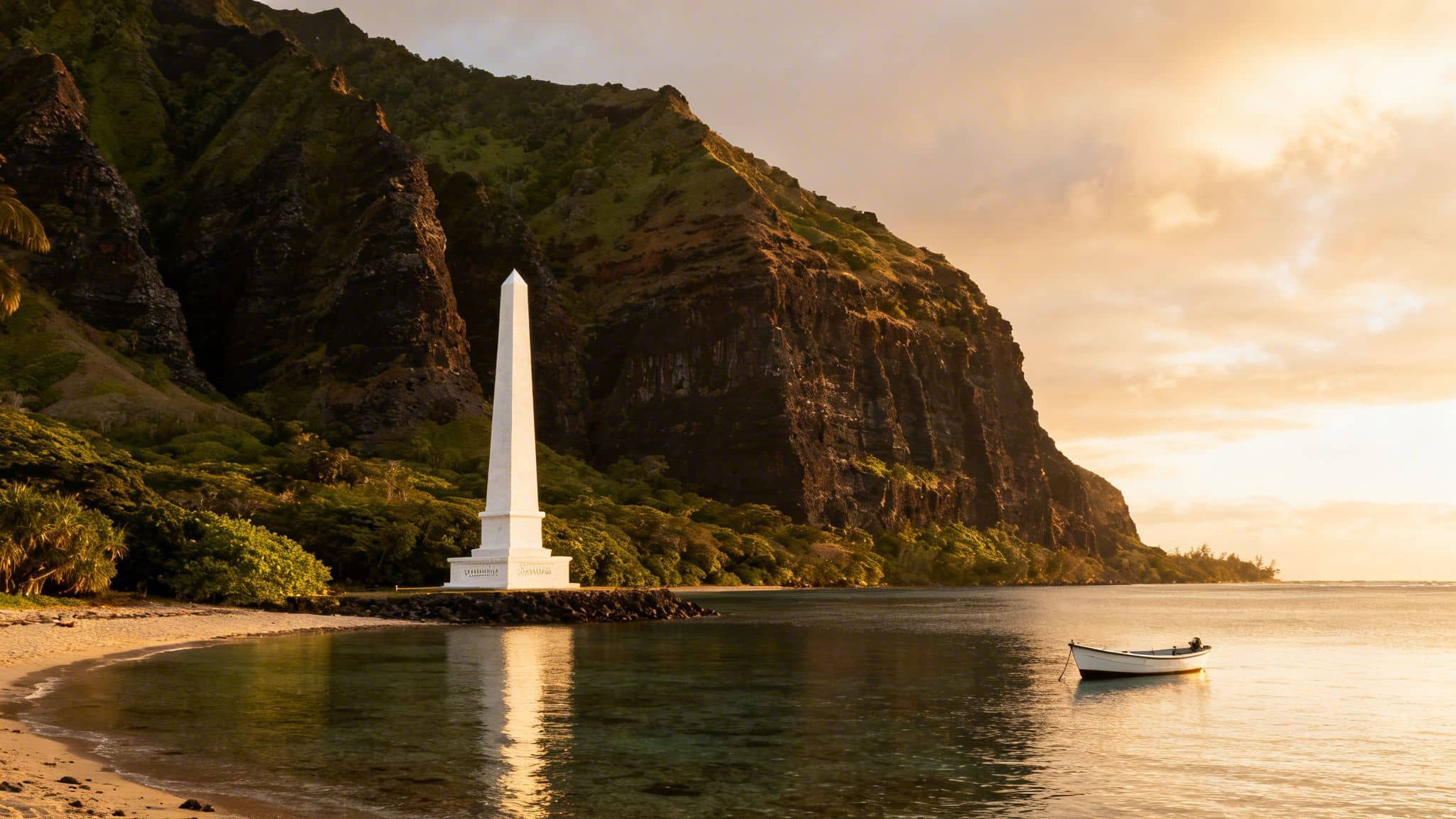 A white obelisk monument stands on a sandy beach during a golden sunset, with a small boat on the water and lush mountains.