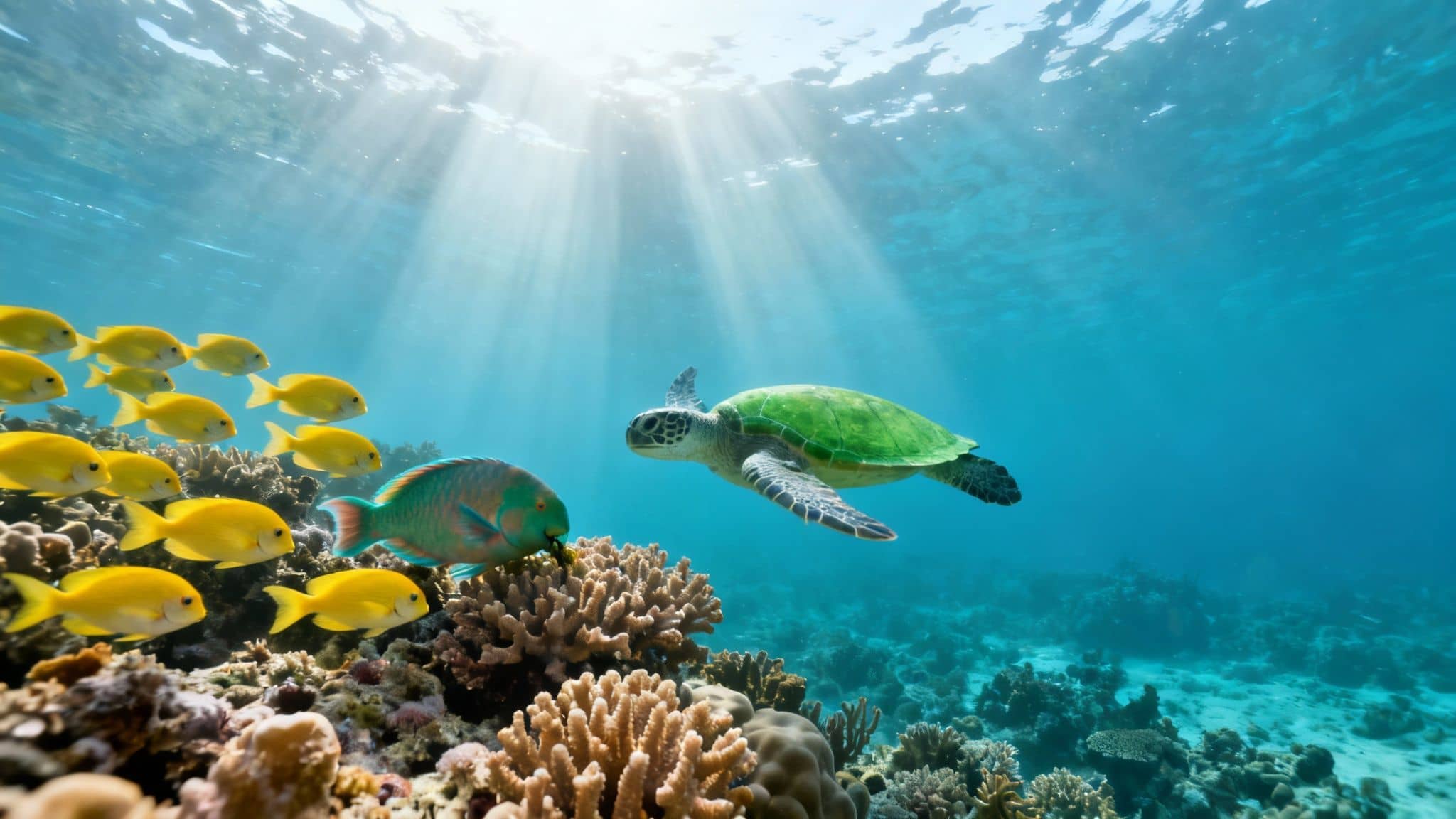 Sunlit underwater scene with a green sea turtle, yellow fish, and a parrotfish near coral.