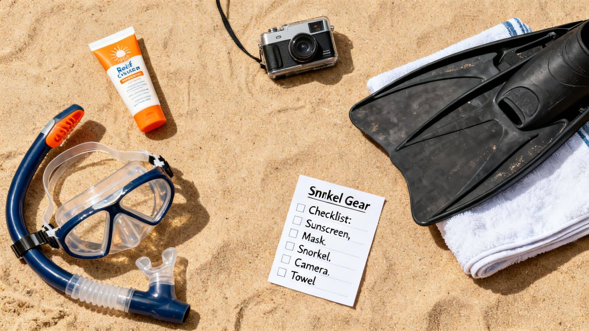 A flat lay of snorkel gear laid out on sandy beach, including a mask, snorkel, sunscreen, camera, fin, towel, and a checklist.