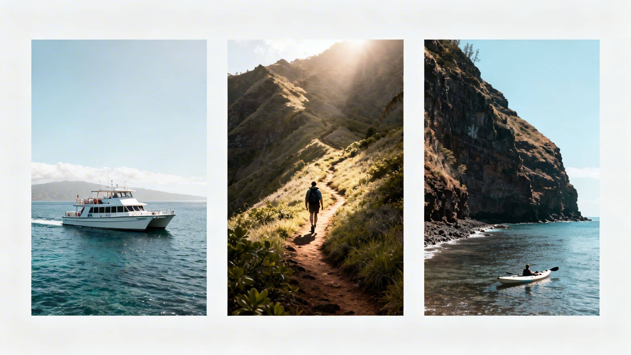 Three vertical panels depicting a boat on water, a hiker on a mountain path, and a kayaker by a cliff.