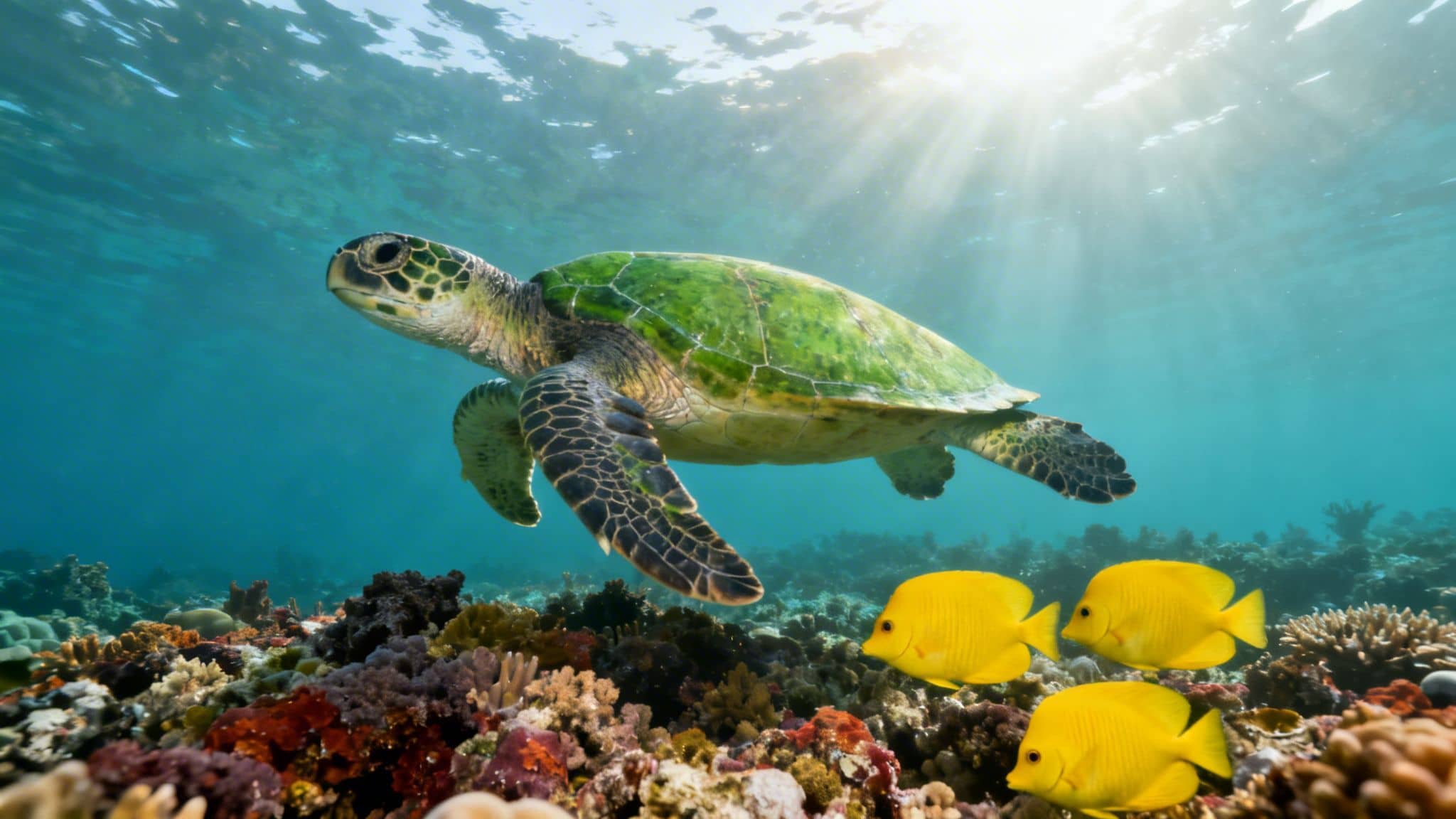 A majestic green sea turtle swims gracefully above a vibrant coral reef with bright yellow fish.