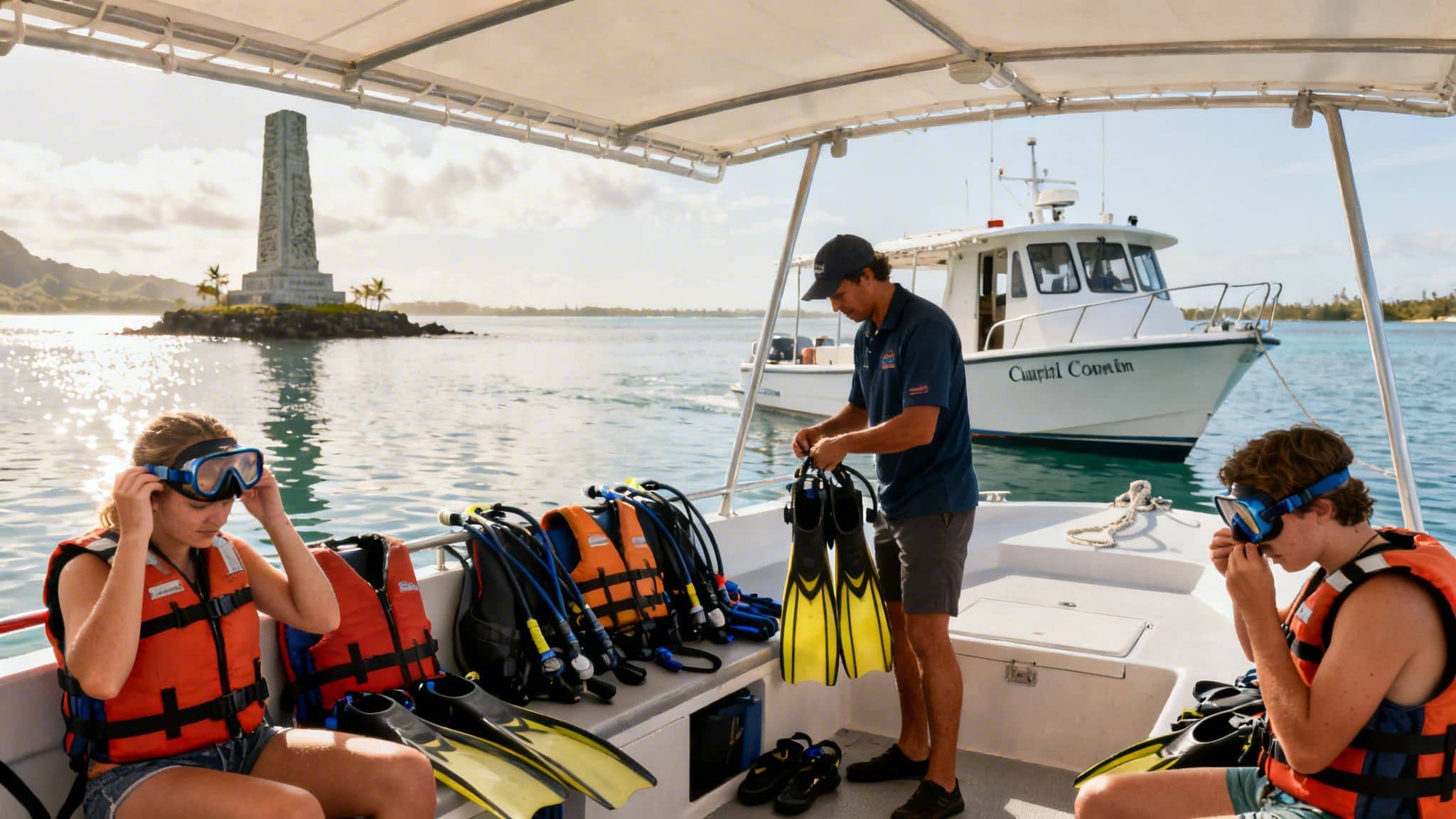 Instructor helps two young people prepare for snorkeling on a boat in tropical waters near a monument.