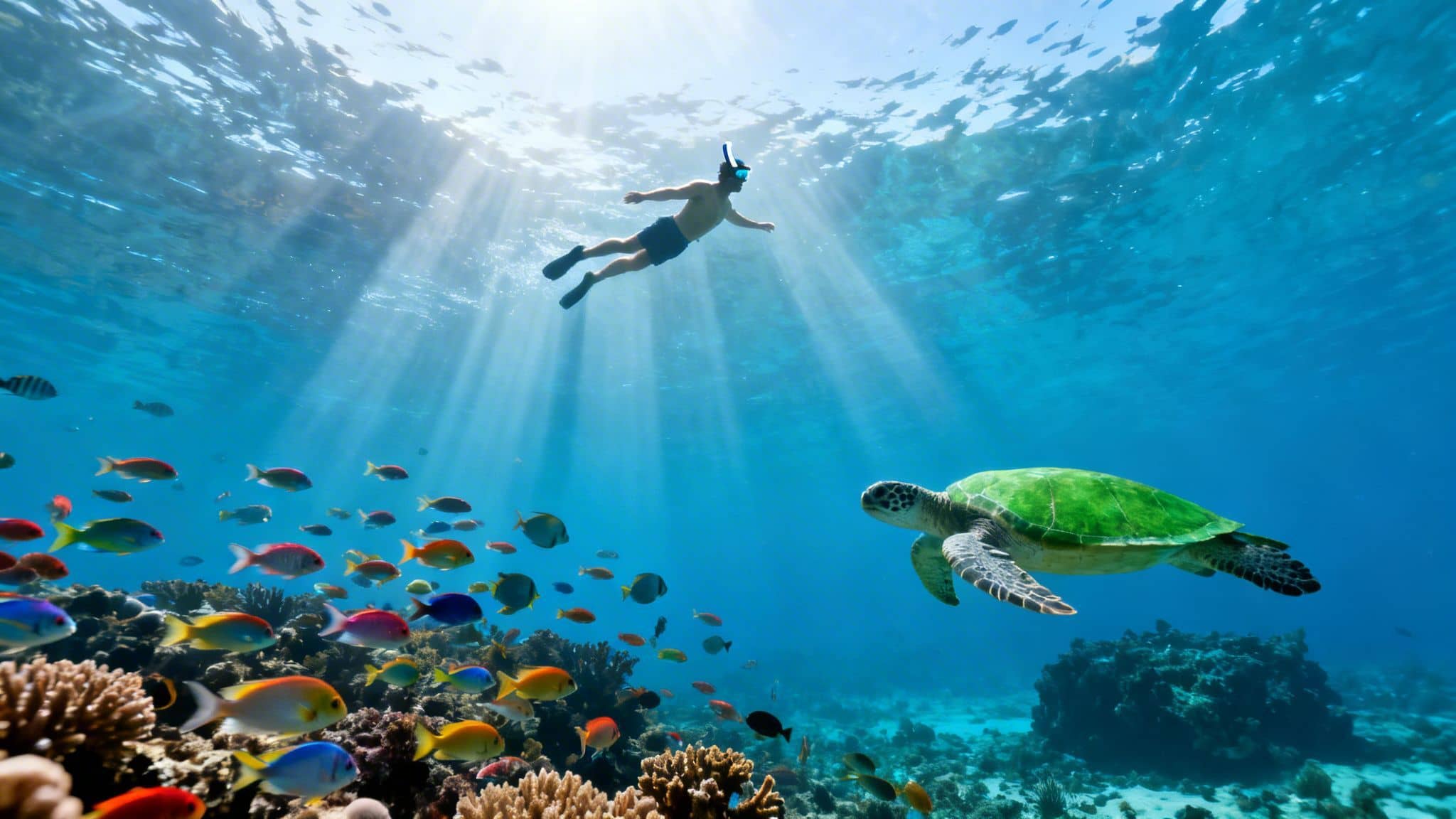 Underwater scene with a person snorkeling, a green sea turtle, and colorful fish over coral.