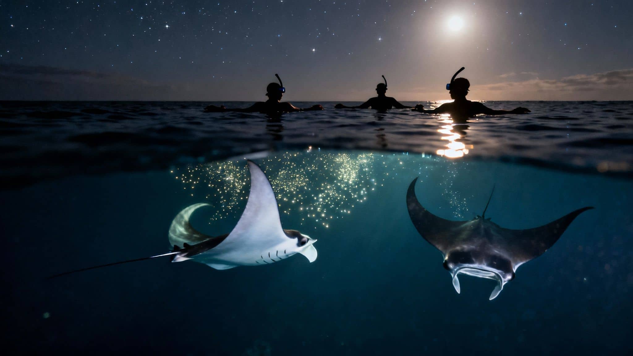 Three snorkelers gaze at two majestic manta rays swimming underwater at night, illuminated by bioluminescence.