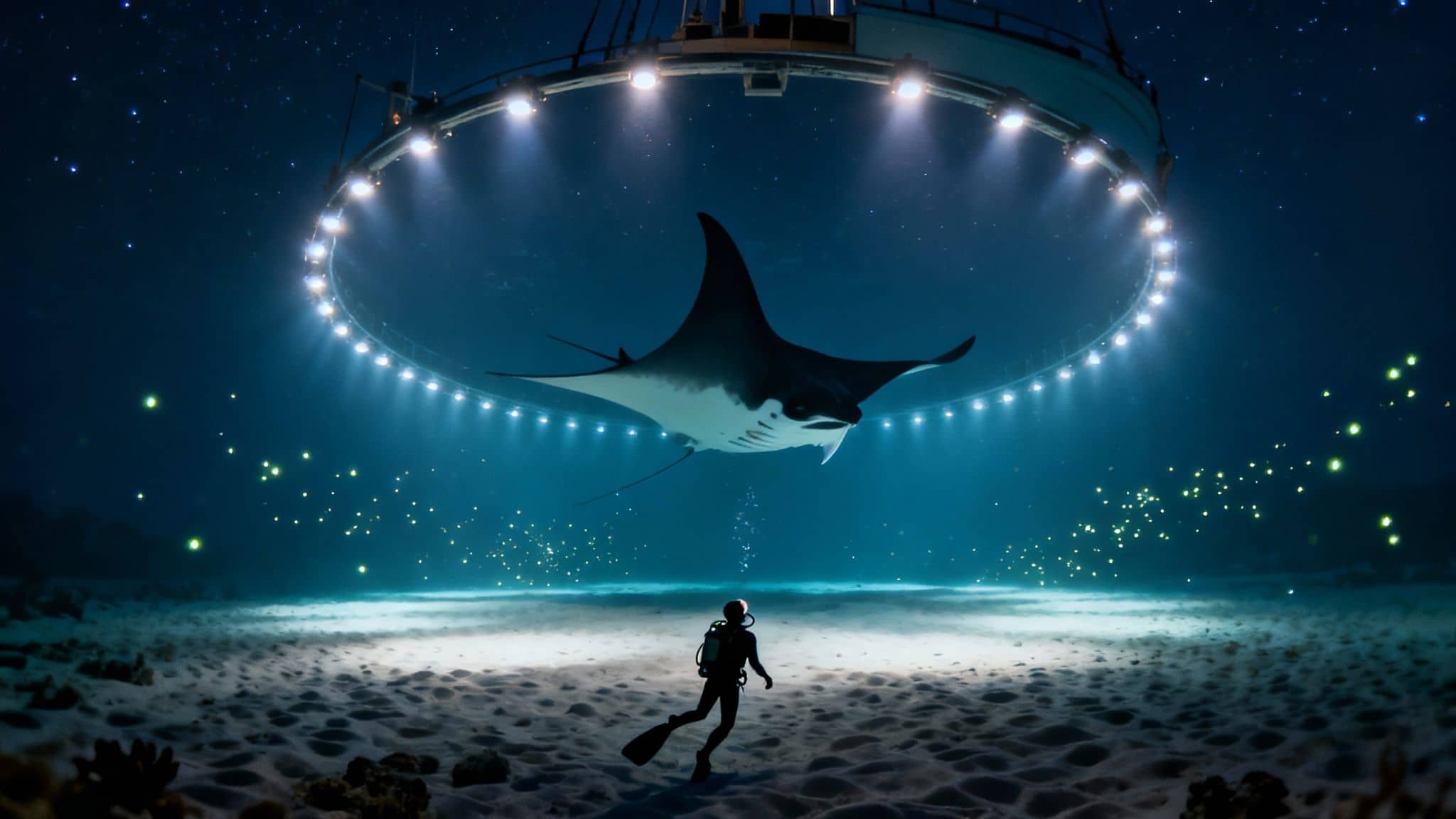 An underwater diver watches a manta ray illuminated by stadium-like lights beneath a starry sky.