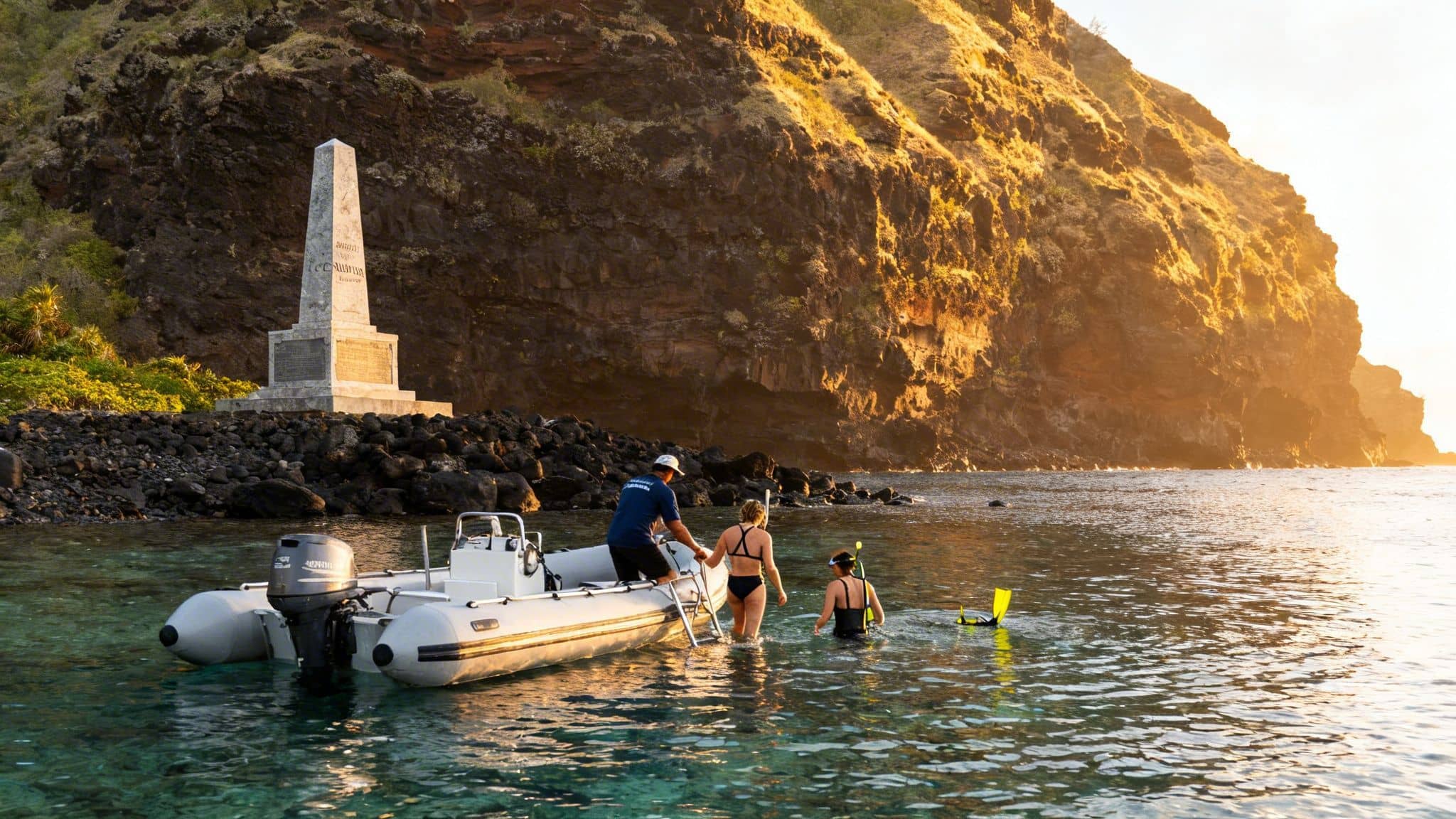 People snorkeling from a boat near a historic monument and sunlit coastal cliffs.