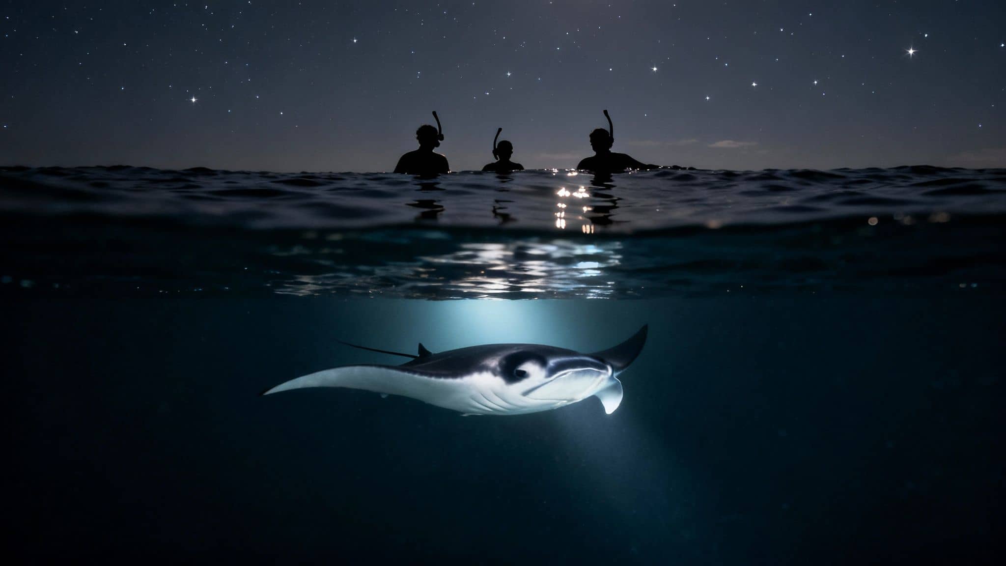 Split-shot photo of three snorkelers at night under starry sky, with a manta ray swimming below.