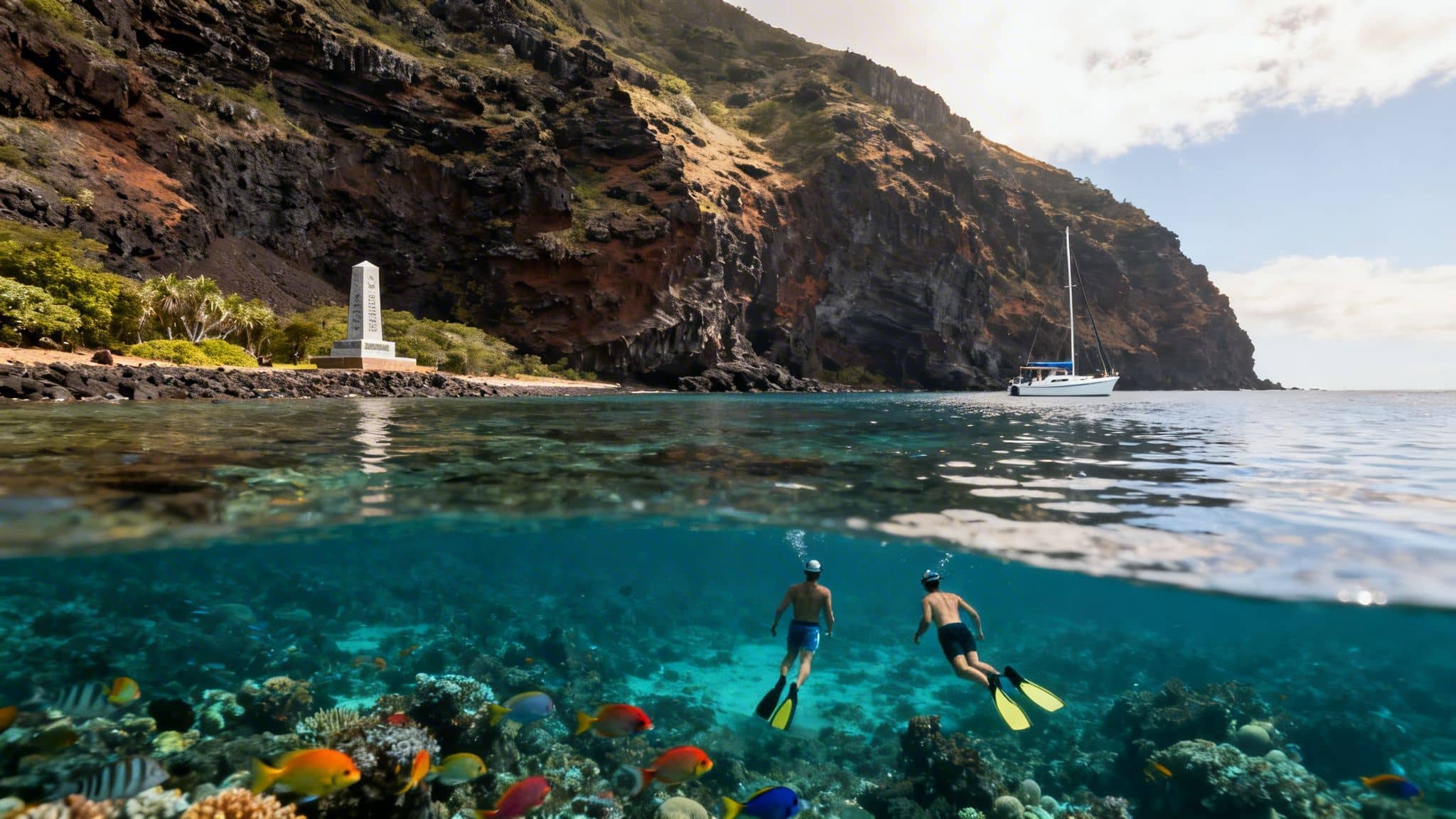 Two snorkelers explore a vibrant coral reef teeming with fish, with a beautiful island coastline and sailboat above the water.