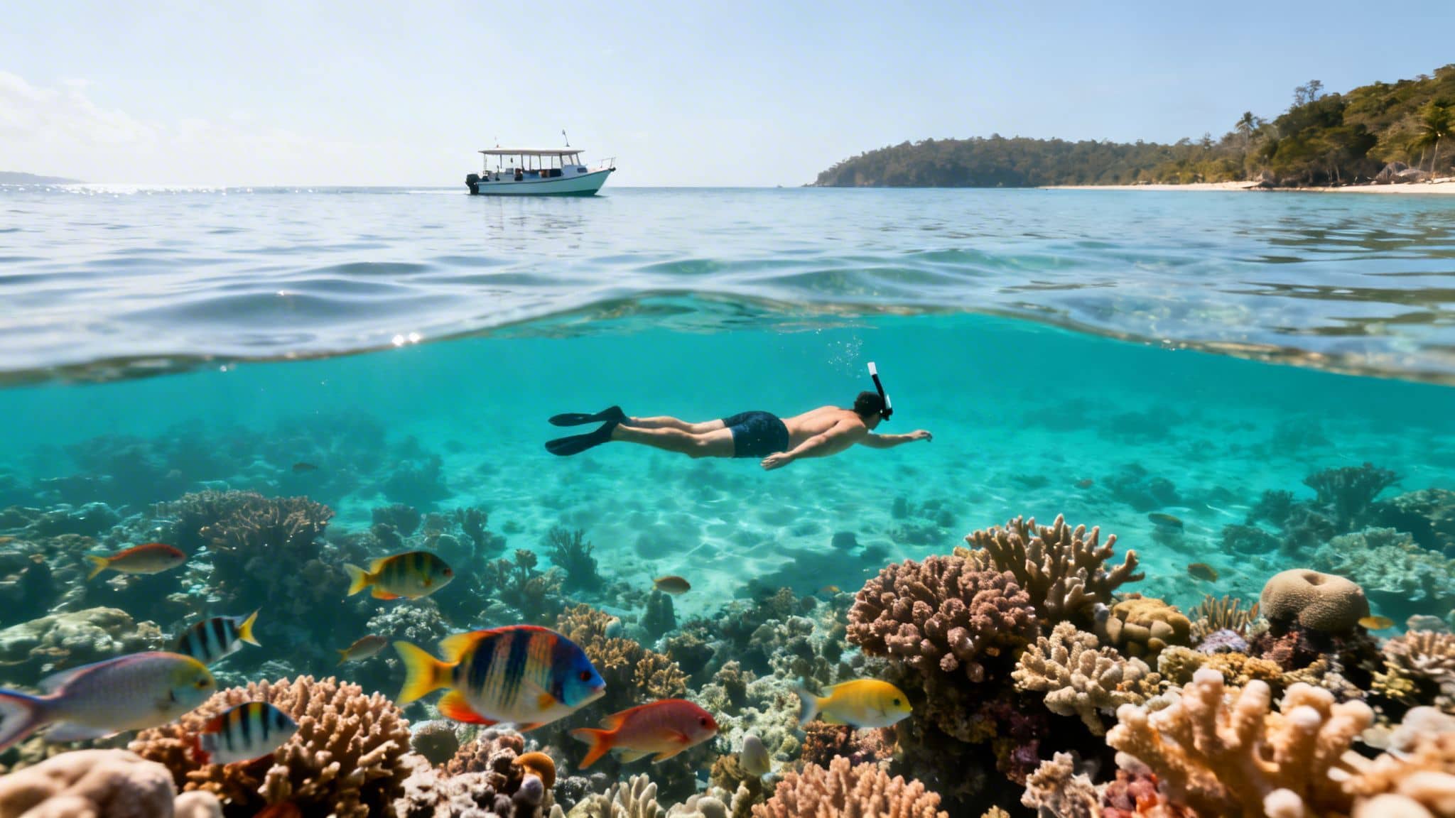 A man snorkeling in clear tropical waters above a vibrant coral reef with fish and a boat.