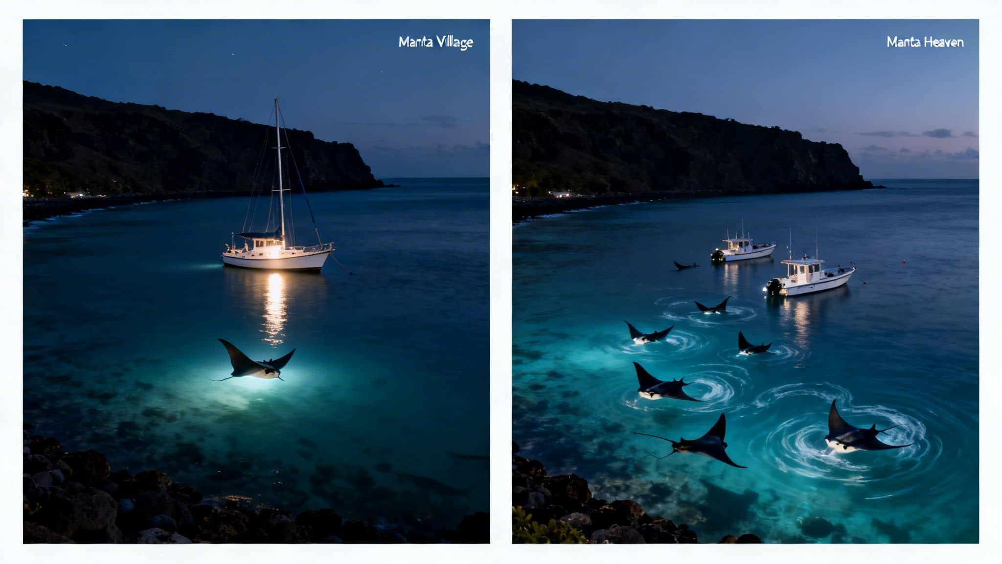 Two nocturnal ocean scenes with boats illuminating numerous glowing manta rays in a dark bay.