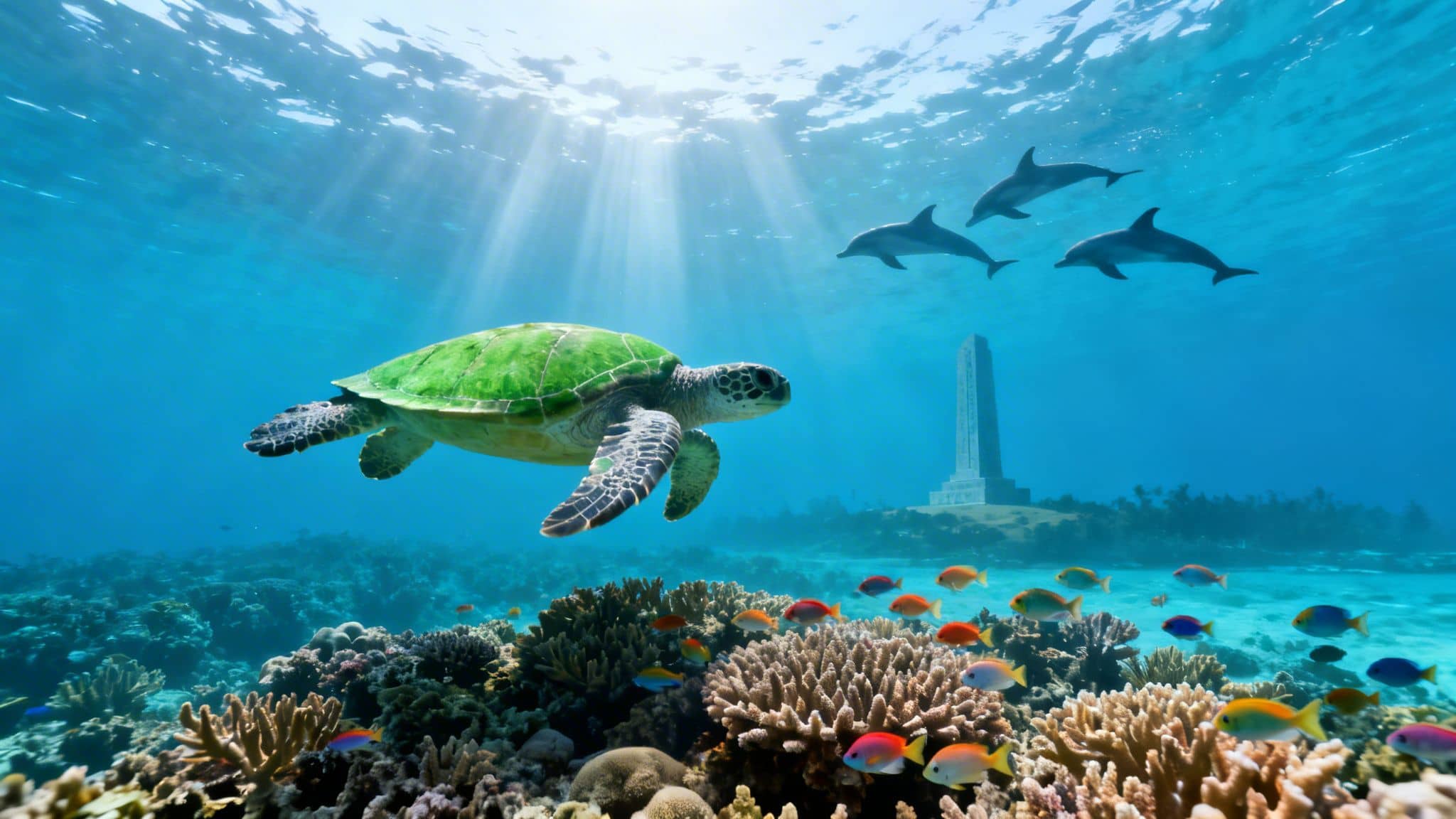 Vibrant underwater scene with a green sea turtle, dolphins, colorful fish, and a monument on the coral reef.