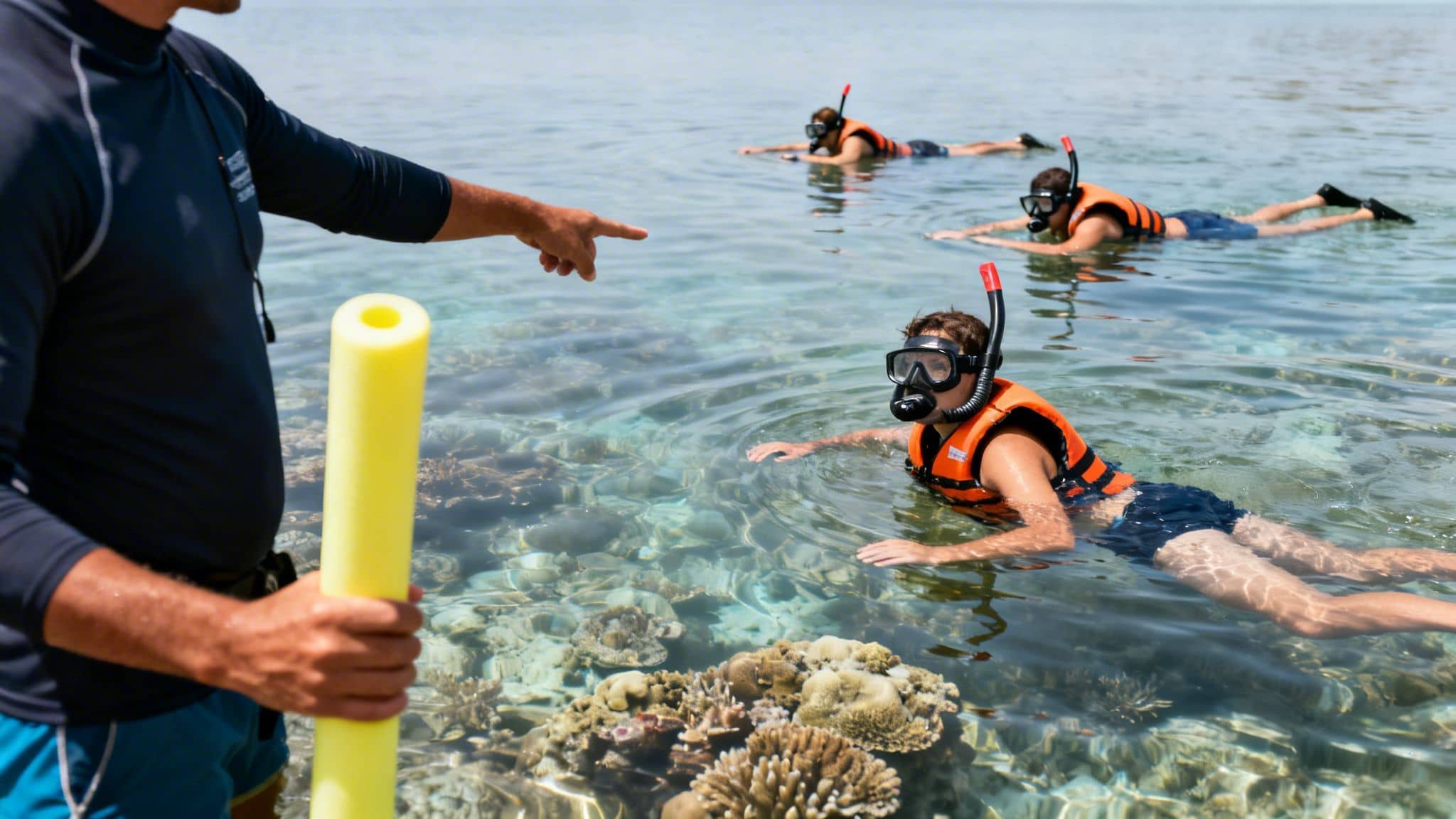 A guide points towards three snorkelers with life vests over a vibrant coral reef.