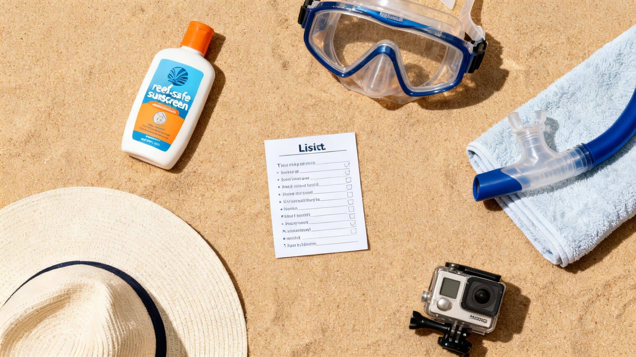 A top-down view of beach and snorkeling essentials laid out on sand, including sunscreen, mask, snorkel, hat, and action camera.