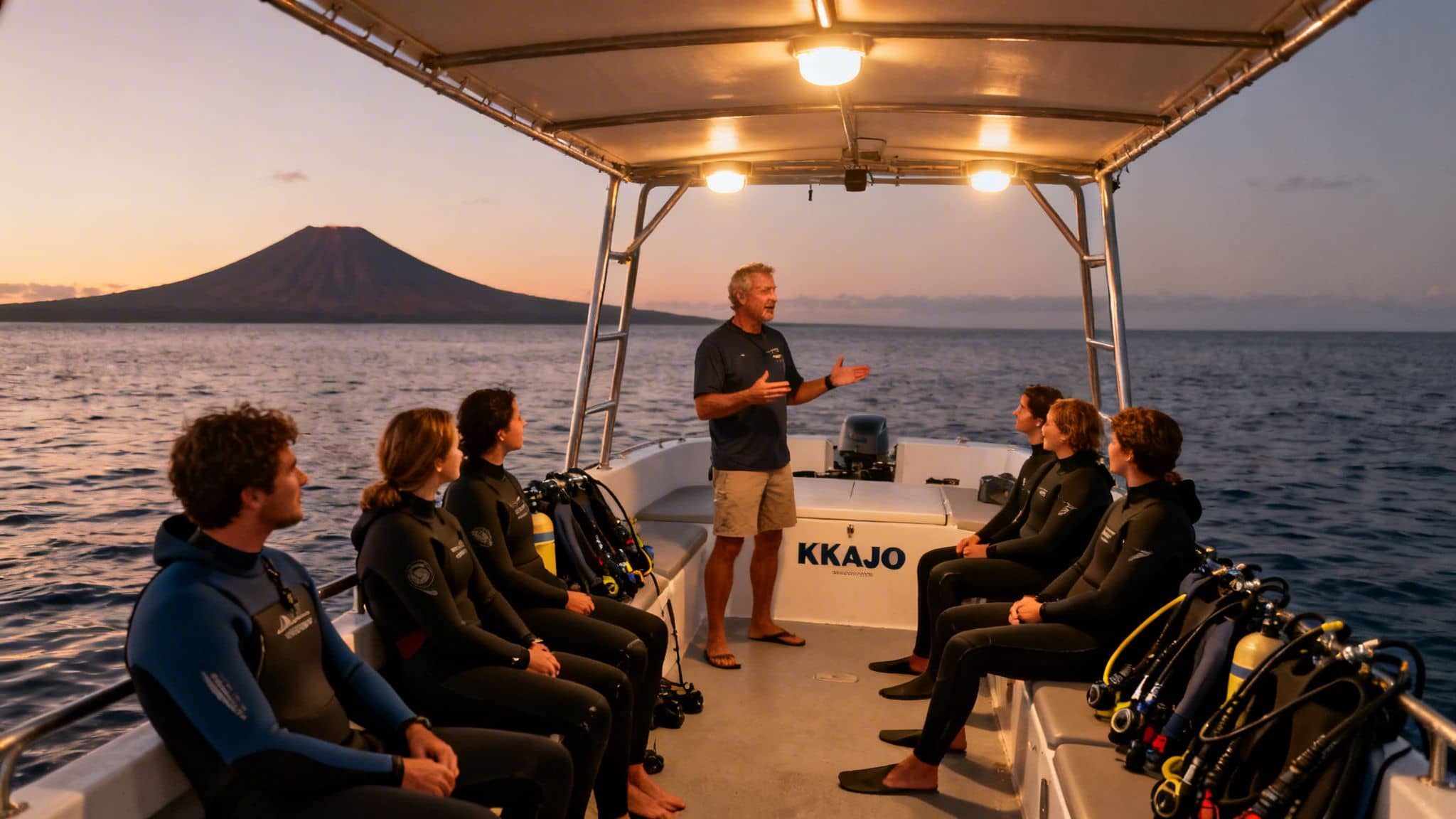 A man briefs divers in wetsuits on a boat at sunset, with a volcano in the background.