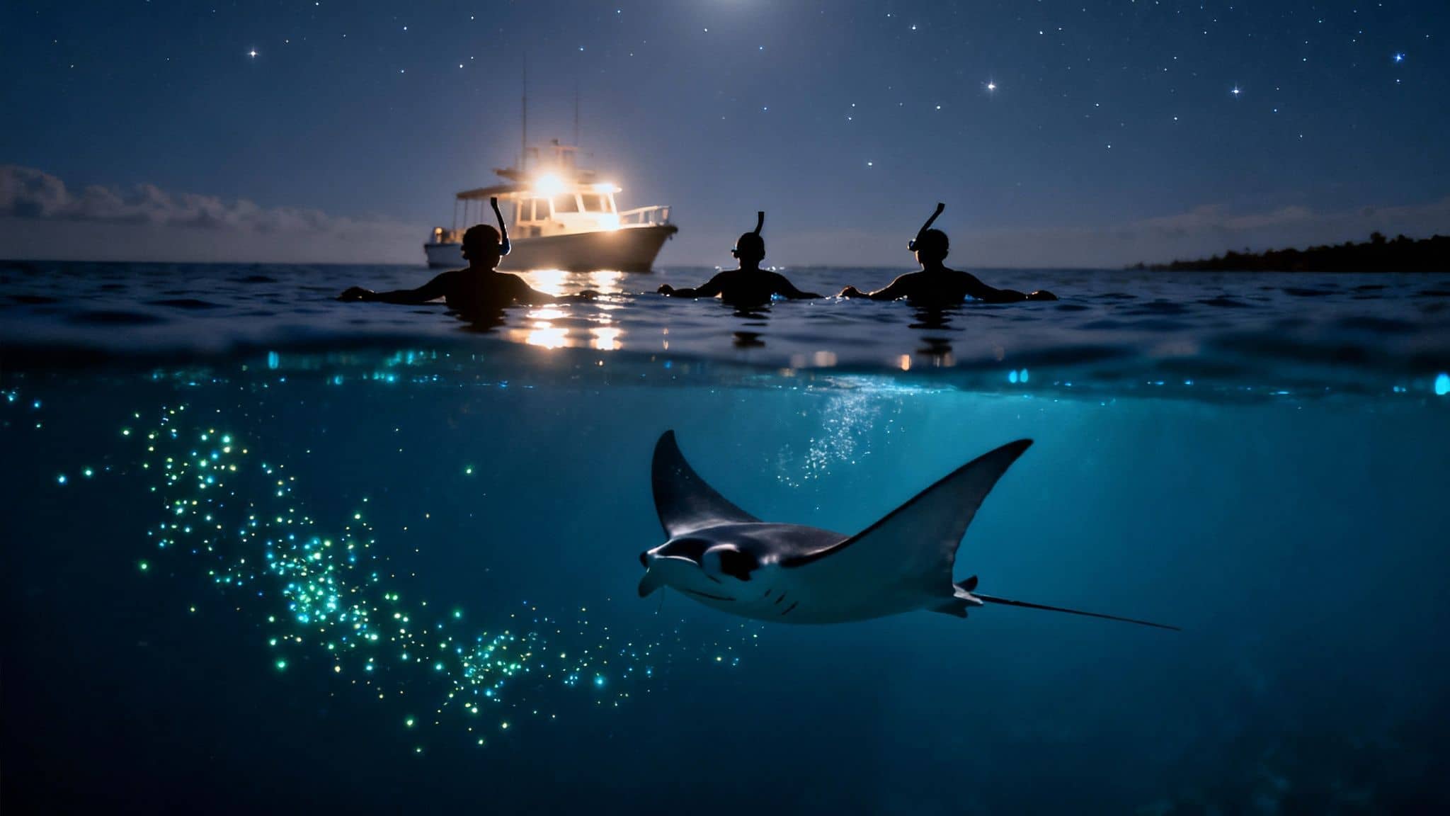 Three snorkelers observe a majestic manta ray and glowing bioluminescence at night under a starry sky.