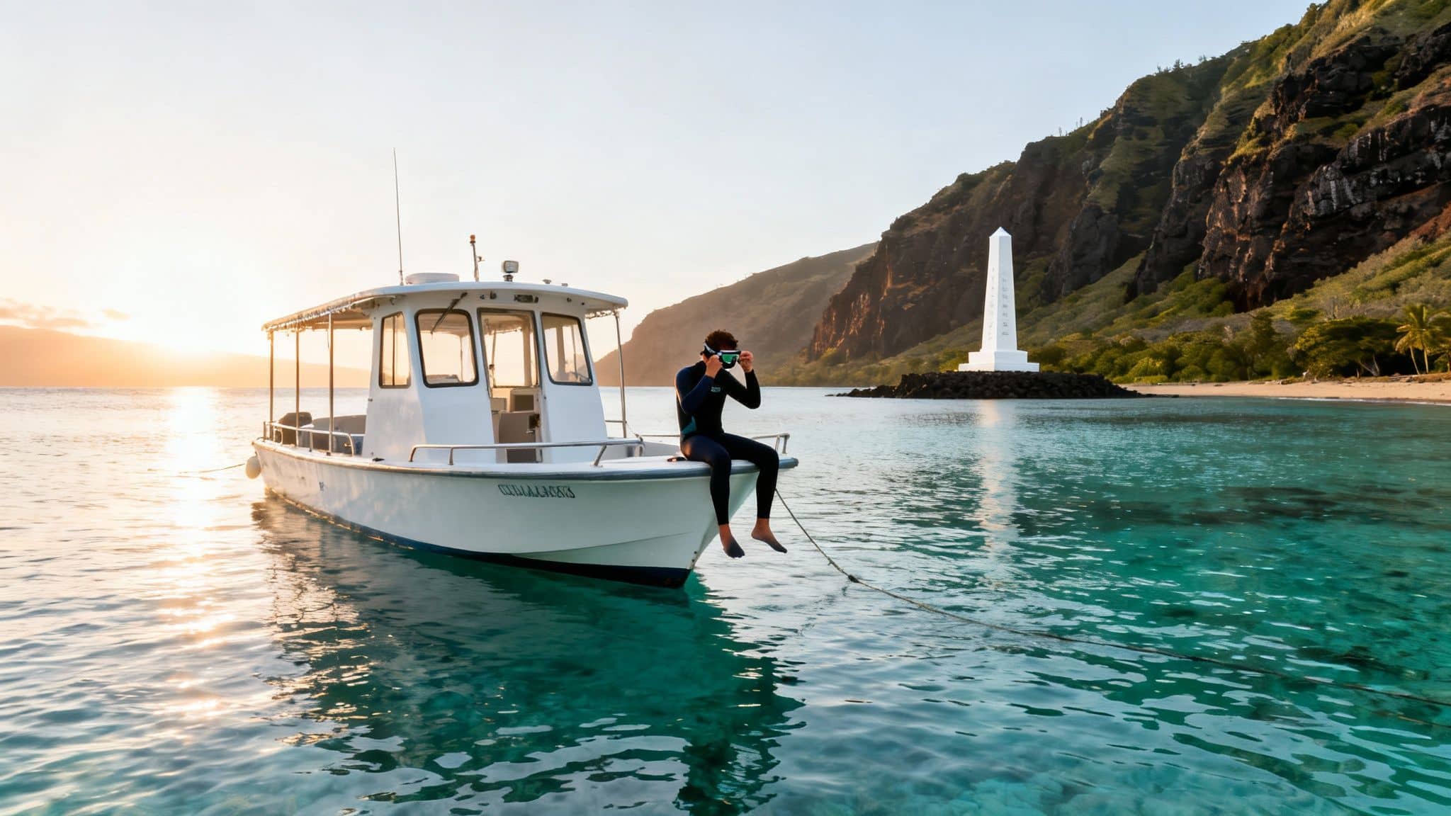 A person in a wetsuit and snorkel mask sits on a boat at sunset near a monument and mountains.