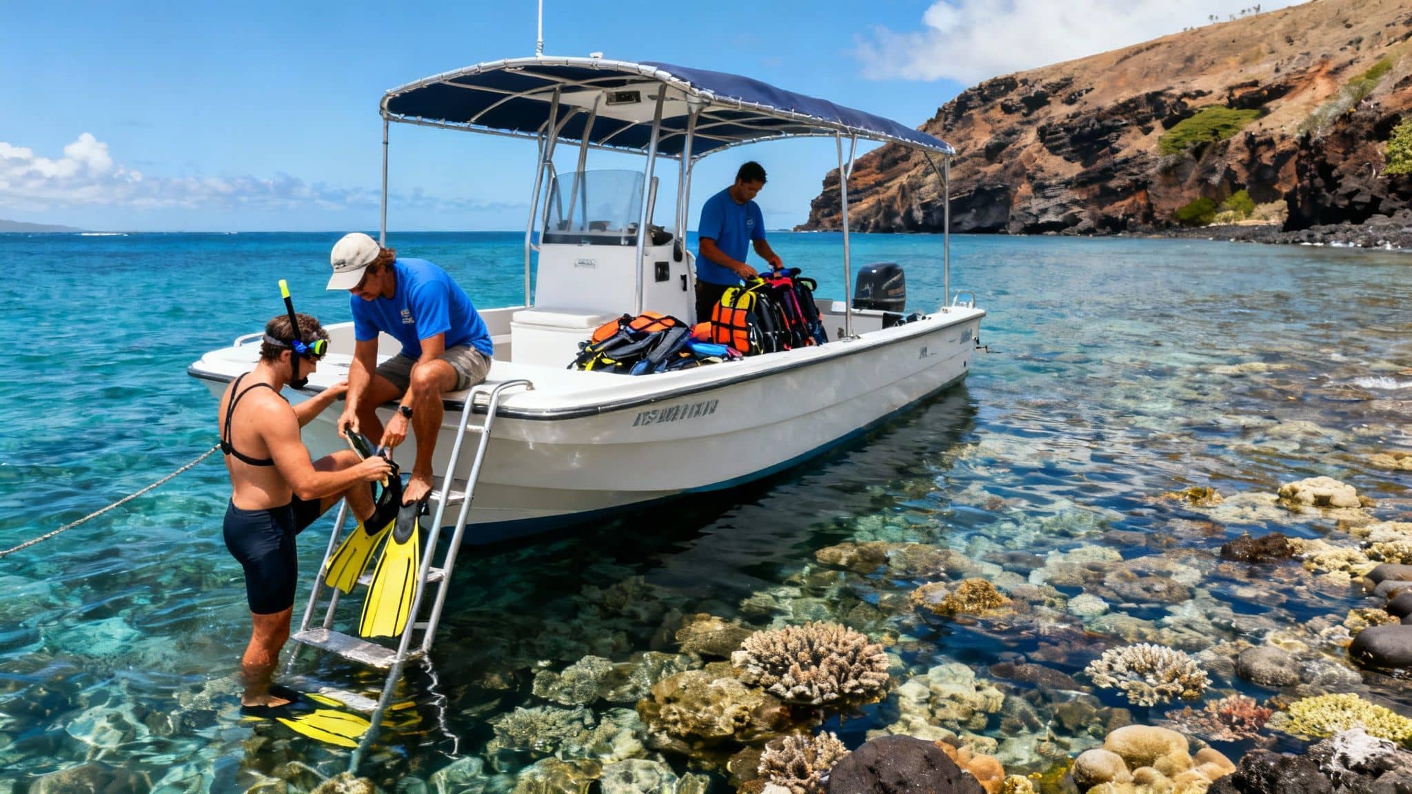 People prepare to snorkel from a boat in clear tropical waters near a rocky island.