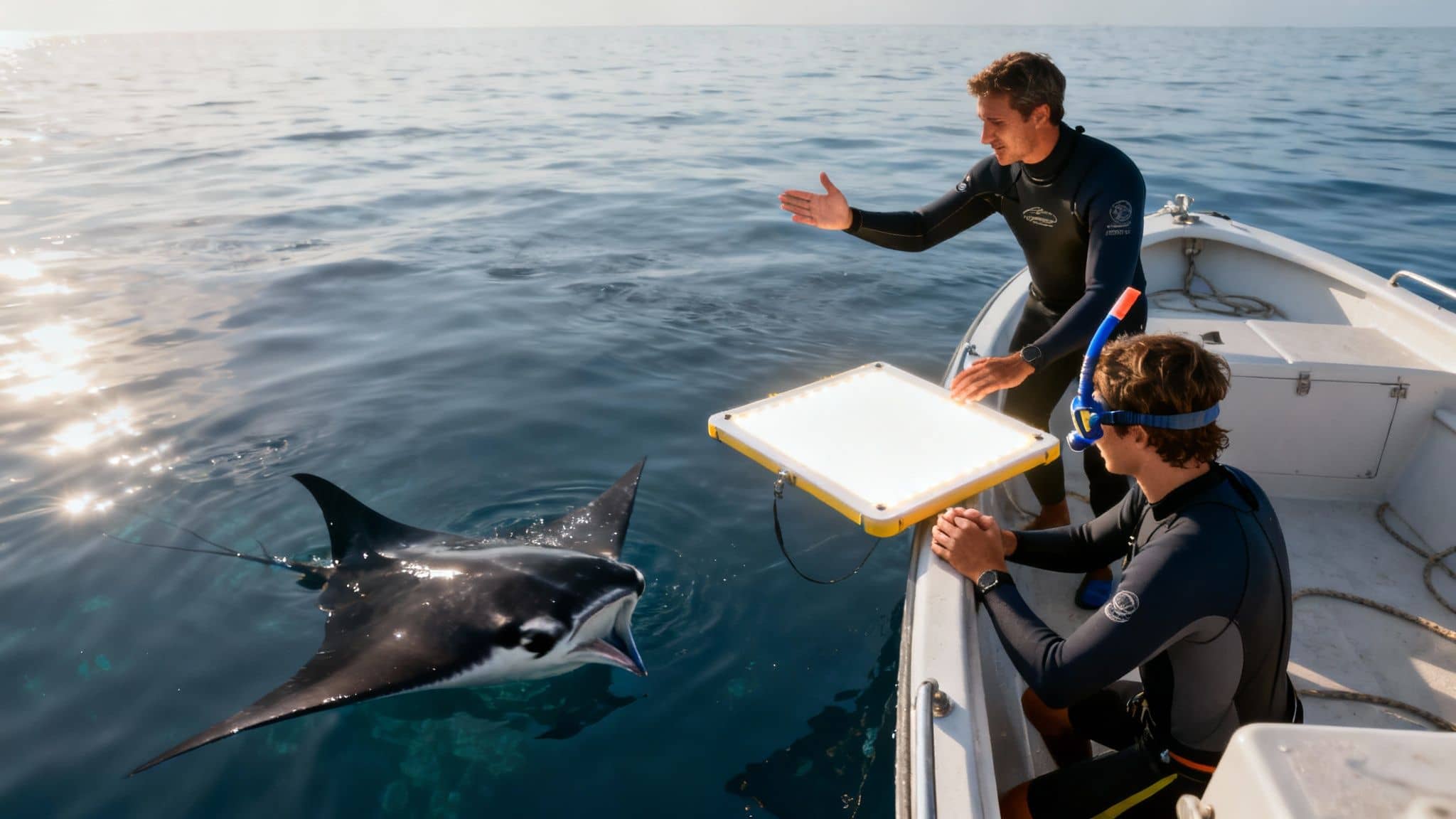 Two men in wetsuits on a boat observe a manta ray next to an illuminated panel.