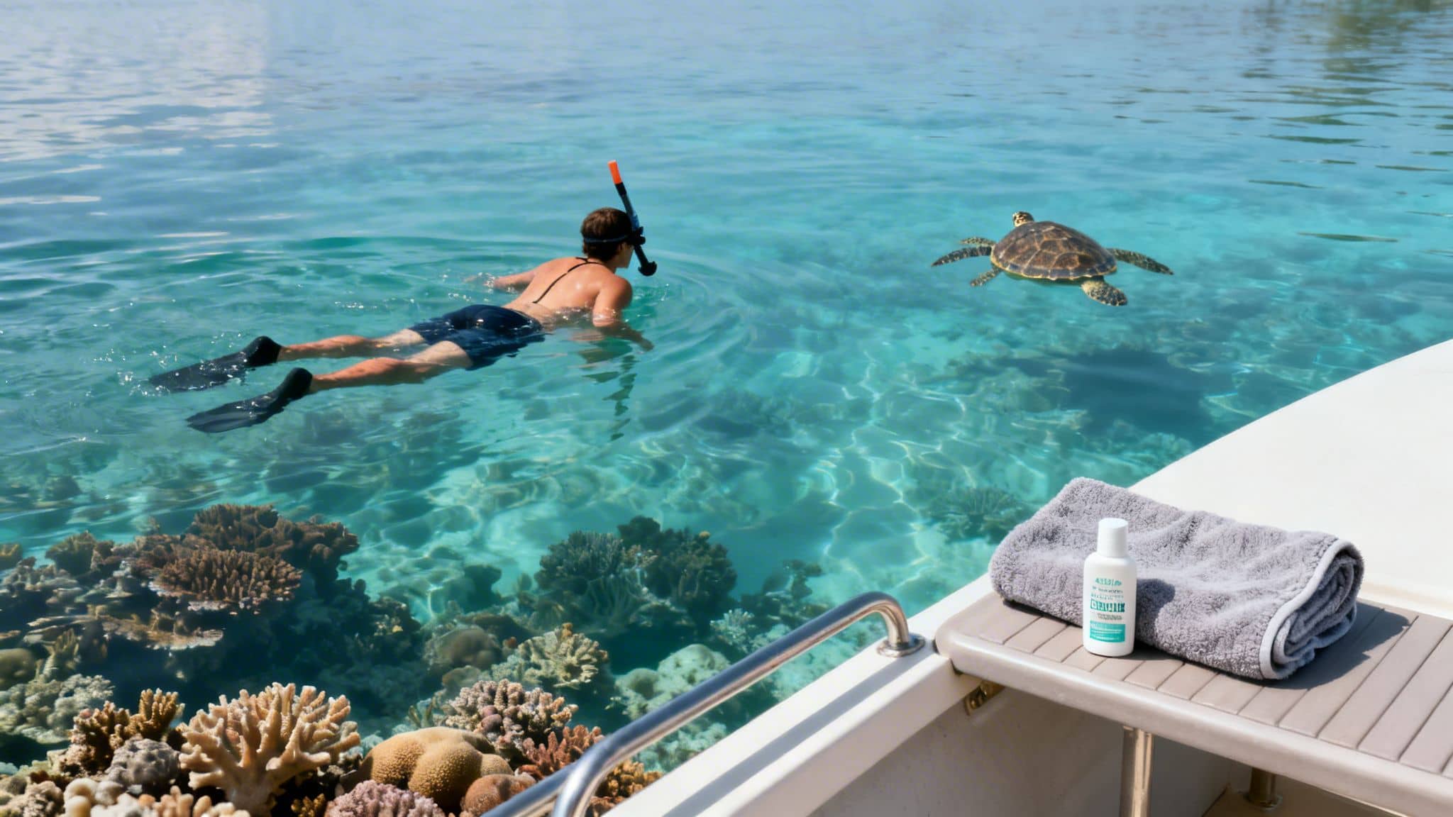 A person snorkels in clear water near a sea turtle above a vibrant coral reef.